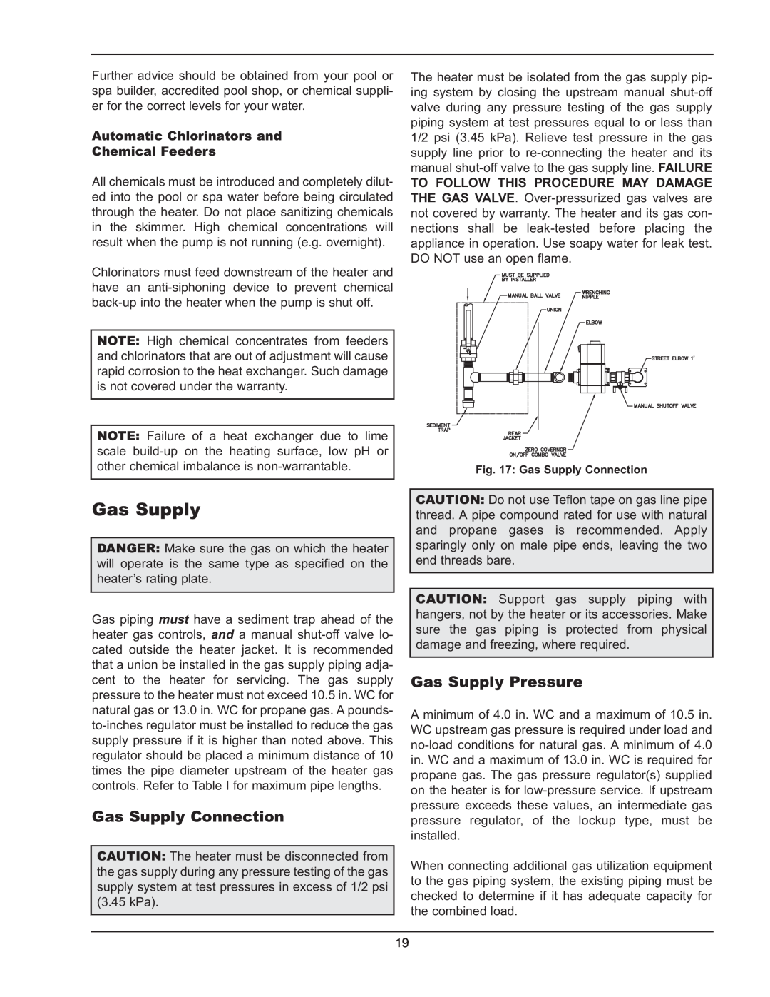 Raypak 503-2003 manual Gas Supply Connection, Gas Supply Pressure, Automatic Chlorinators and Chemical Feeders 