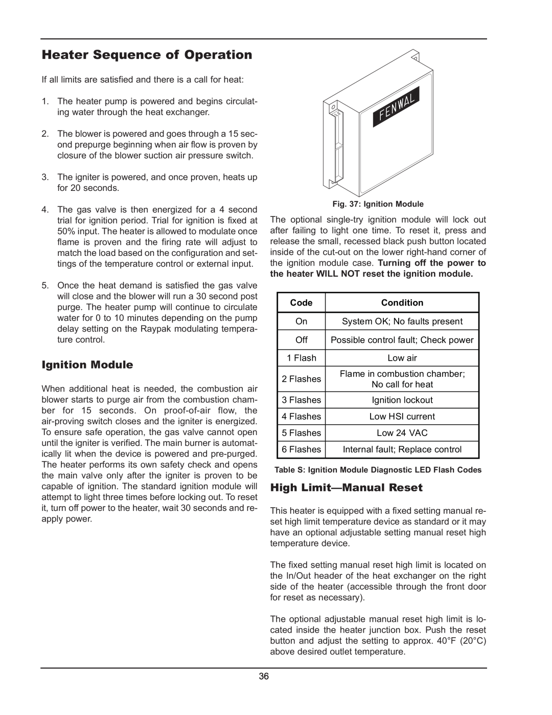 Raypak 503-2003 manual Heater Sequence of Operation, Ignition Module, High Limit-ManualReset, Code, Condition 