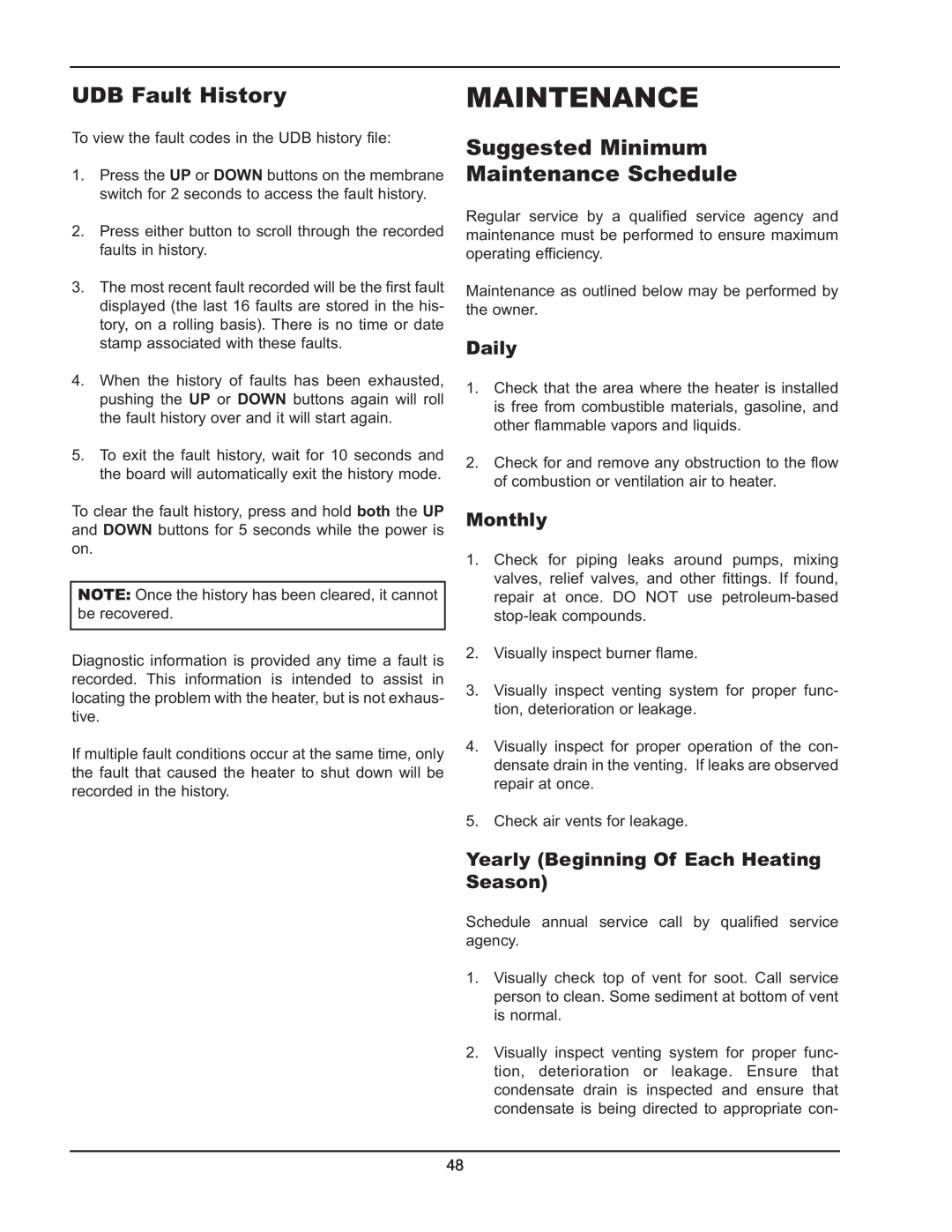 Raypak 503-2003 manual UDB Fault History, Suggested Minimum Maintenance Schedule 