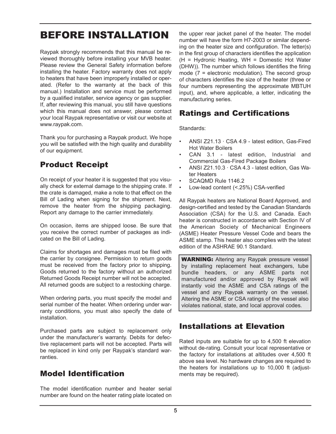 Raypak 503-2003 manual Before Installation, Product Receipt, Model Identification, Ratings and Certifications 