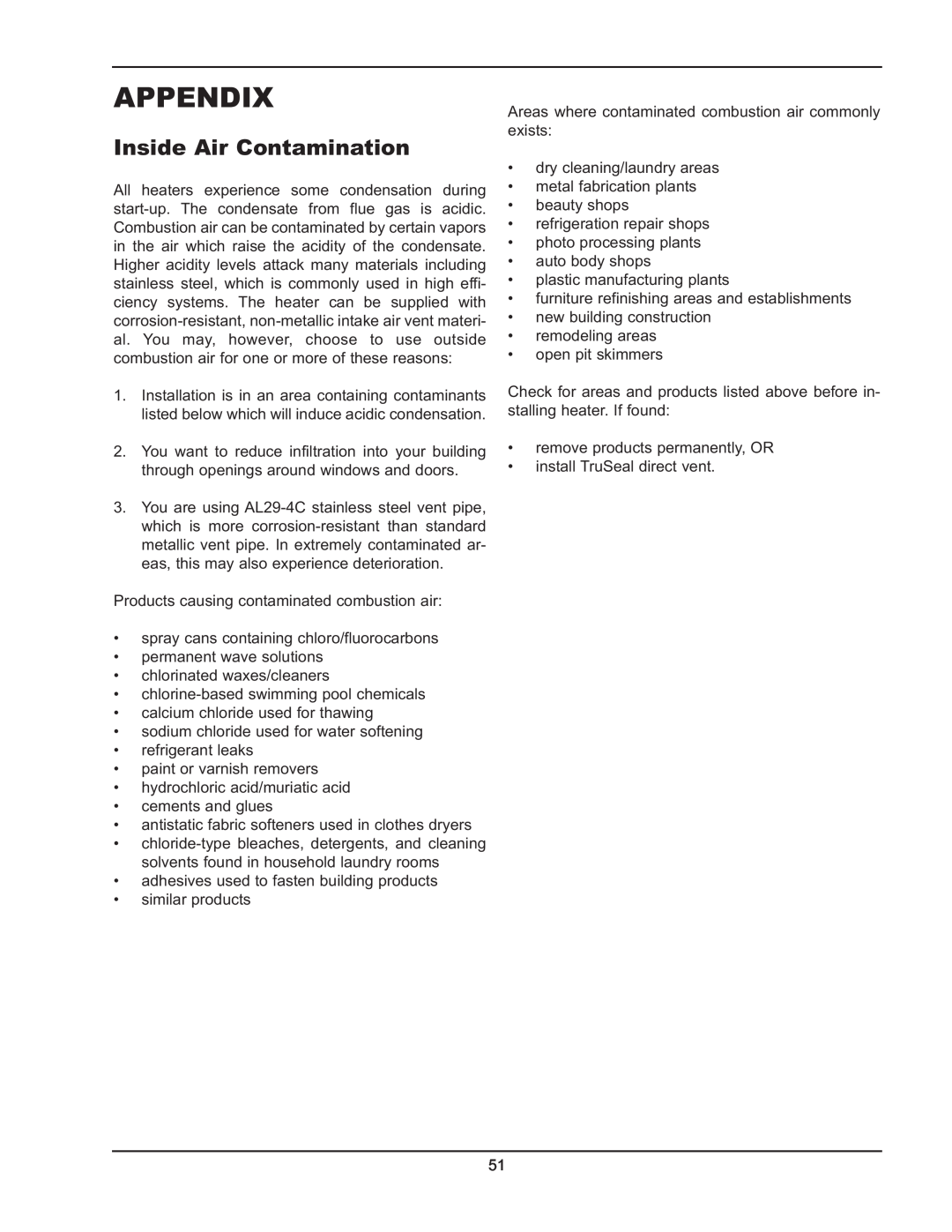 Raypak 503-2003 manual Appendix, Inside Air Contamination 