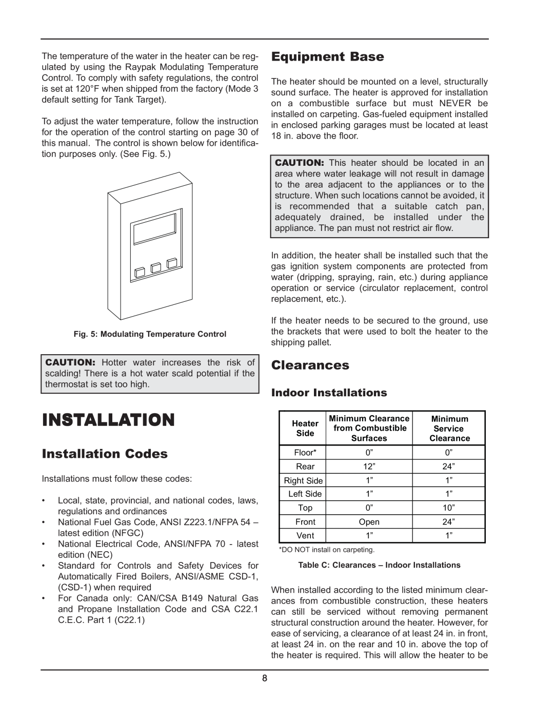 Raypak 503-2003 manual Installation Codes, Equipment Base, Clearances 