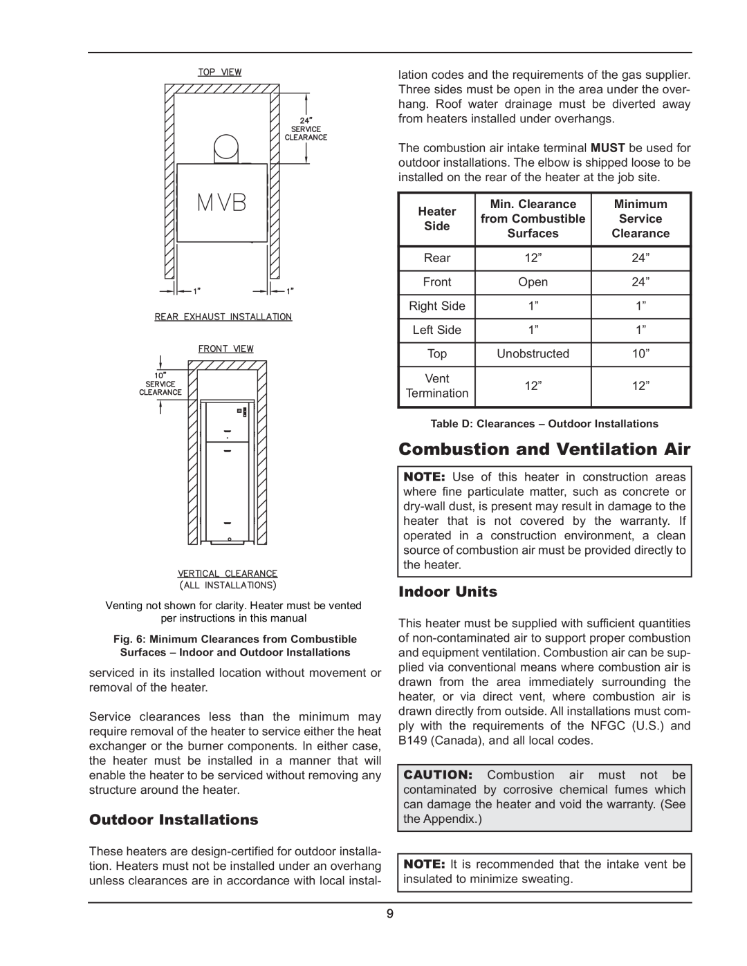 Raypak 503-2003 Combustion and Ventilation Air, Heater, Min. Clearance, Minimum, from Combustible, Service, Side, Surfaces 