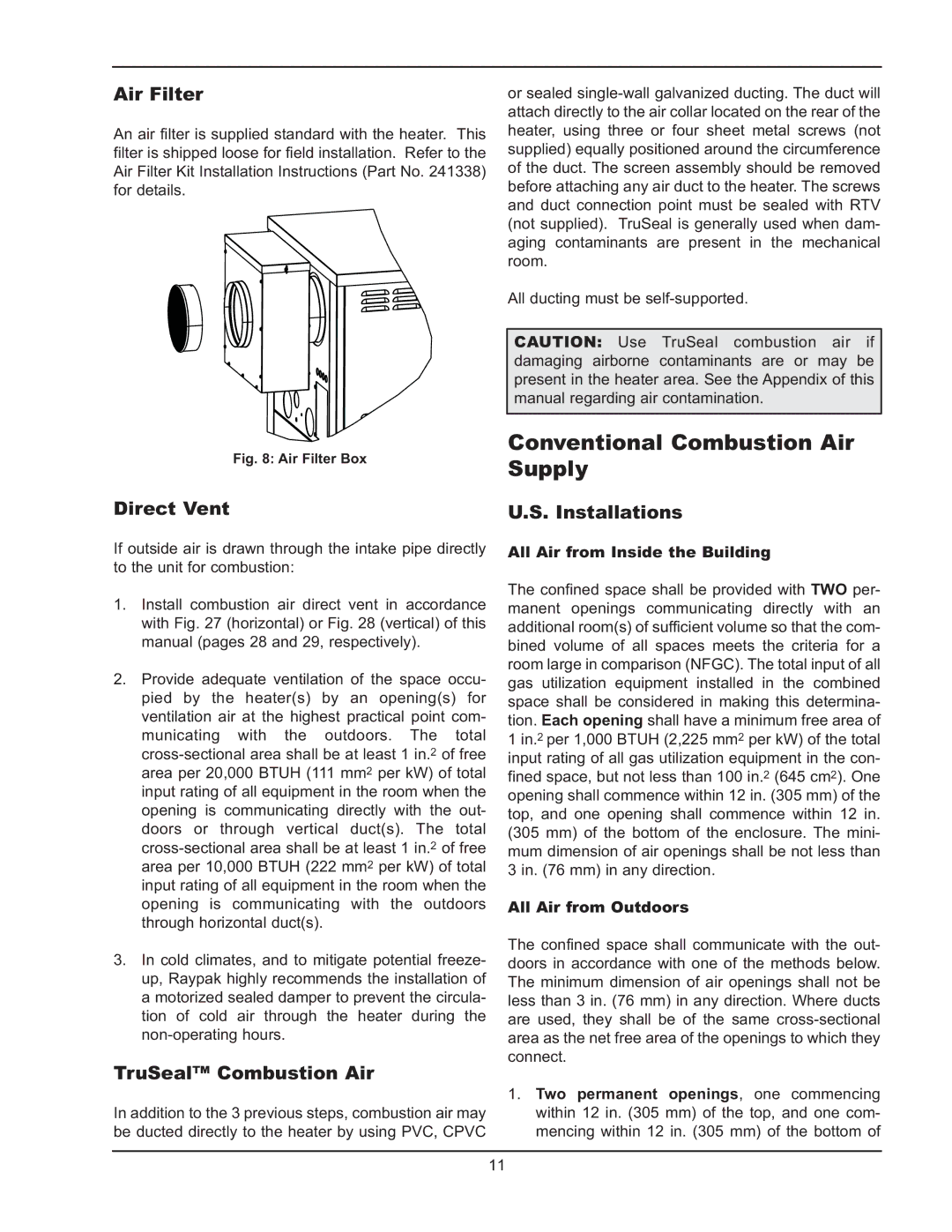 Raypak 5042004 Conventional Combustion Air Supply, Air Filter, Direct Vent, TruSeal Combustion Air, Installations 