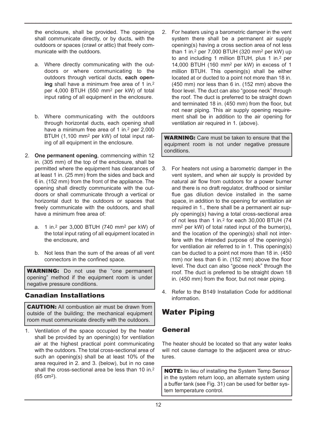 Raypak 5042004 operating instructions Water Piping, Canadian Installations, General 