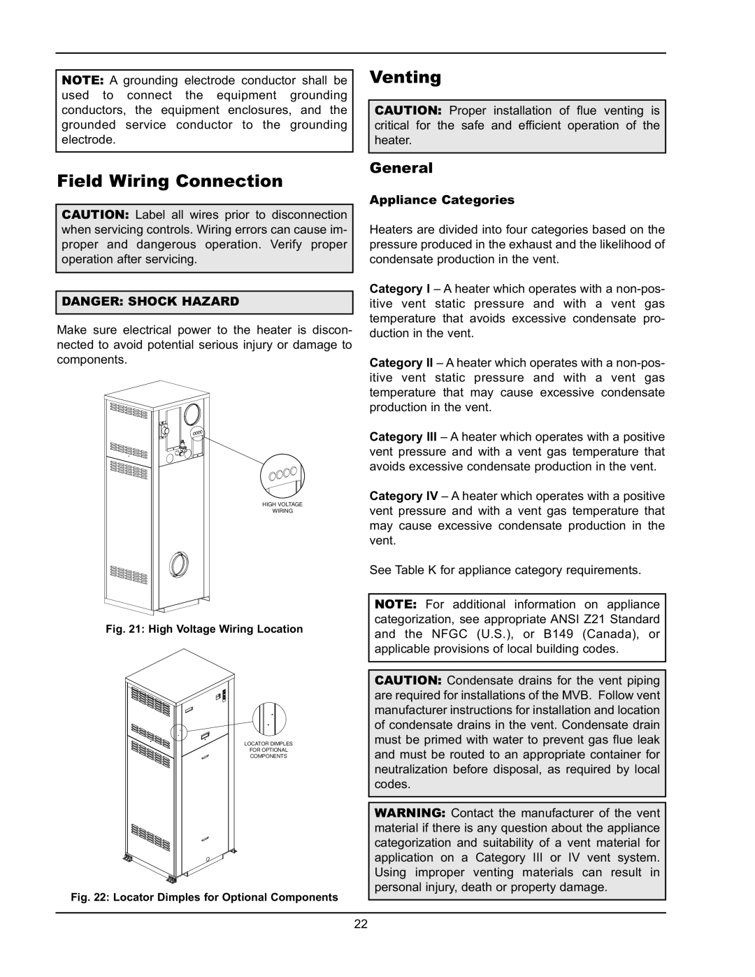 Raypak 5042004 operating instructions Field Wiring Connection, Venting, Appliance Categories 