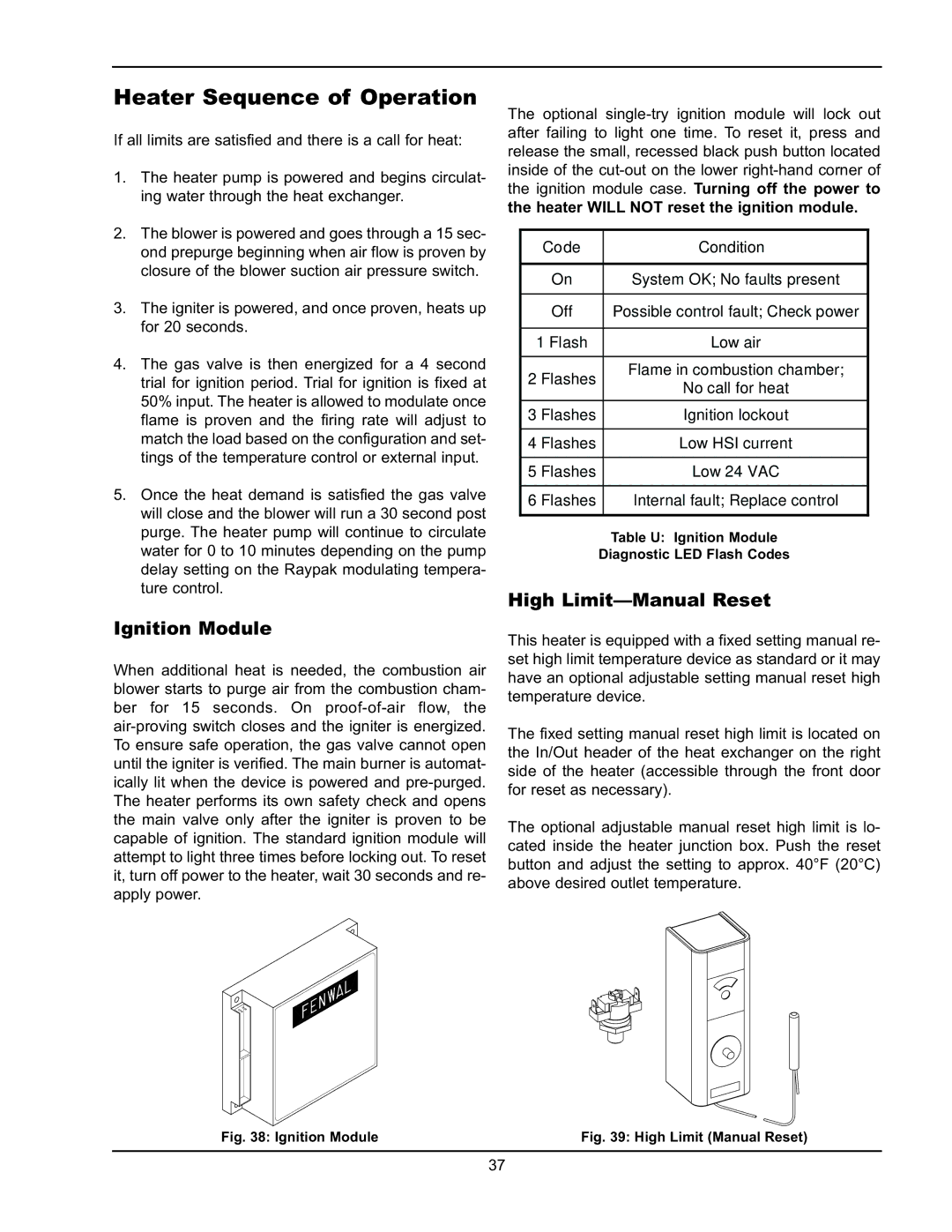 Raypak 5042004 Heater Sequence of Operation, Ignition Module, High Limit-Manual Reset, Code Condition 