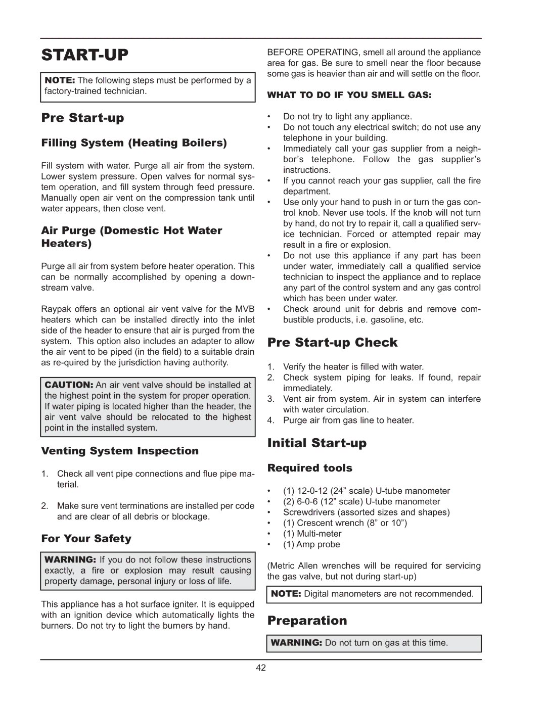 Raypak 5042004 operating instructions Start-Up, Pre Start-up Check, Initial Start-up, Preparation 