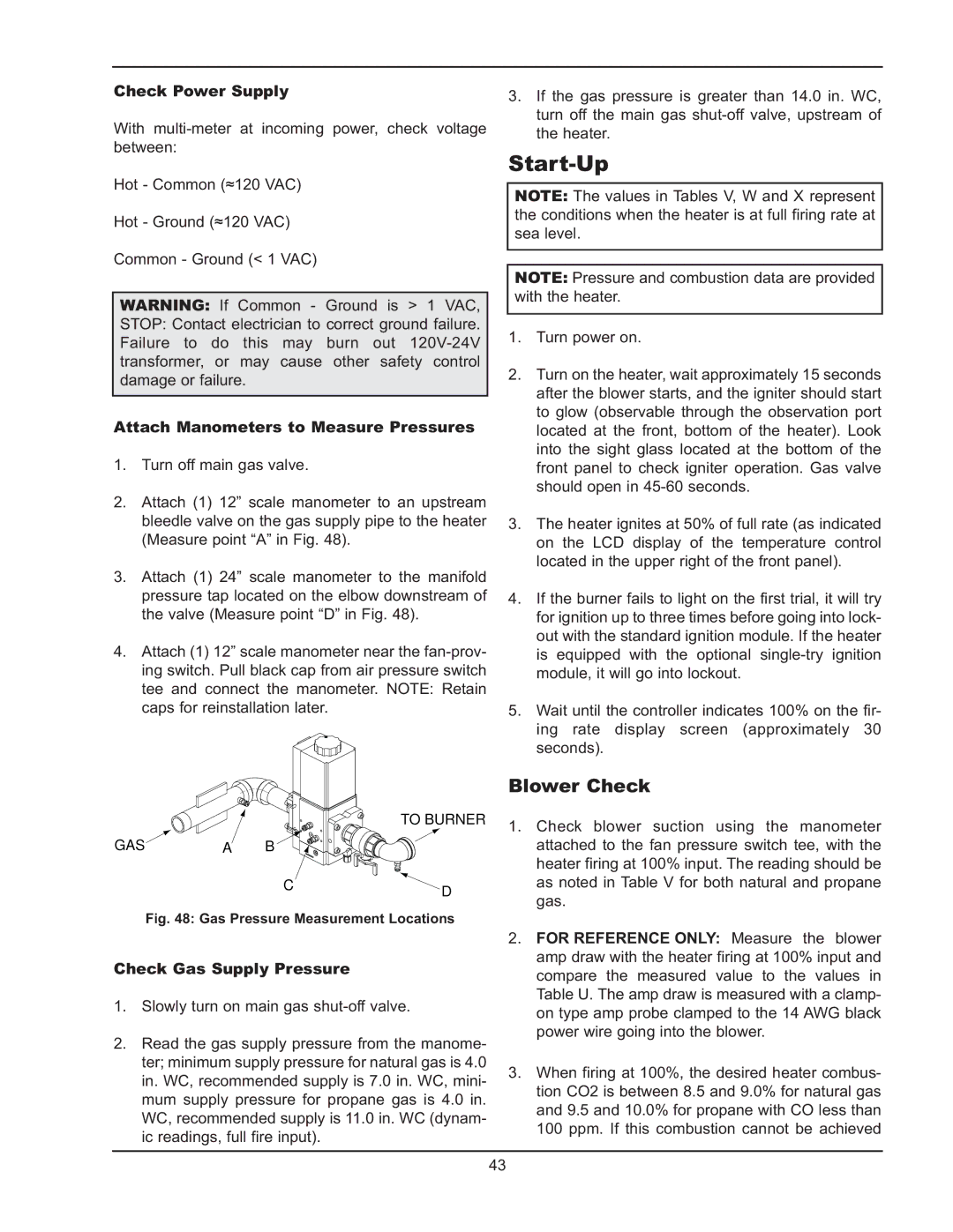 Raypak 5042004 operating instructions Start-Up, Blower Check 