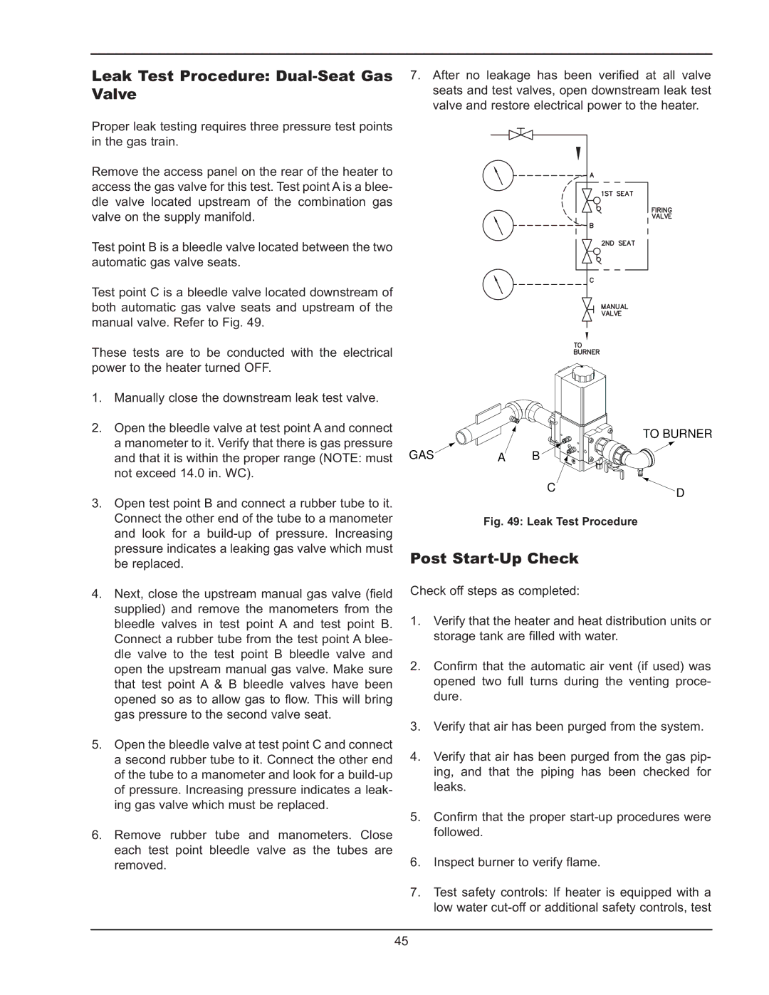 Raypak 5042004 operating instructions Leak Test Procedure Dual-Seat Gas Valve, Post Start-Up Check 