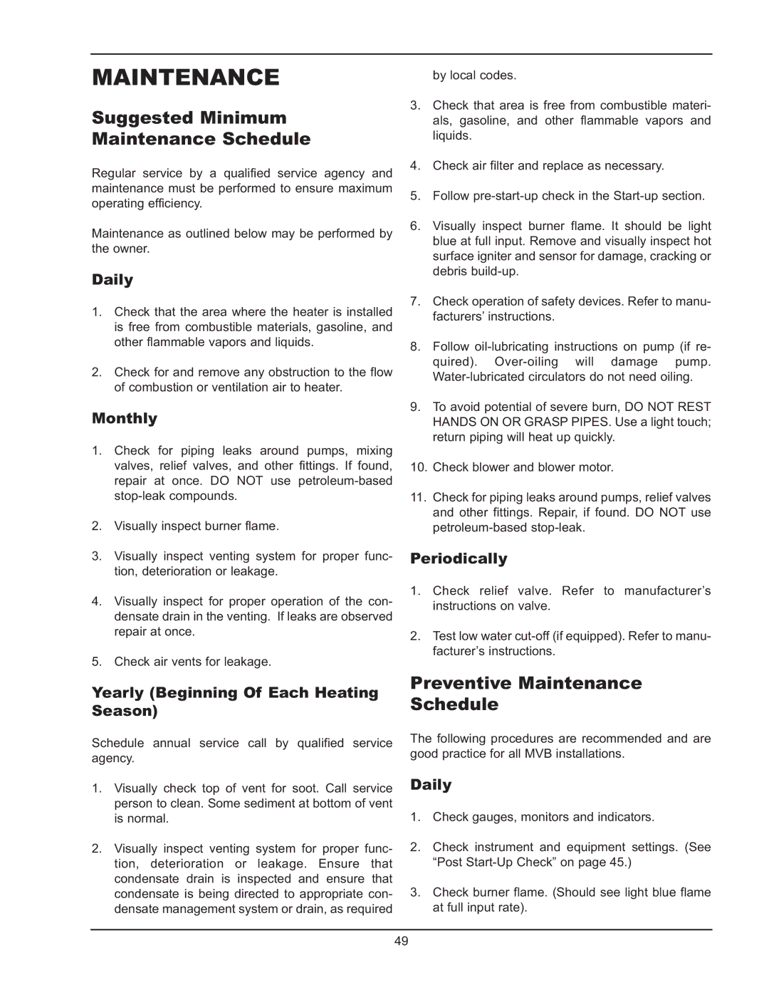 Raypak 5042004 operating instructions Suggested Minimum Maintenance Schedule, Preventive Maintenance Schedule 