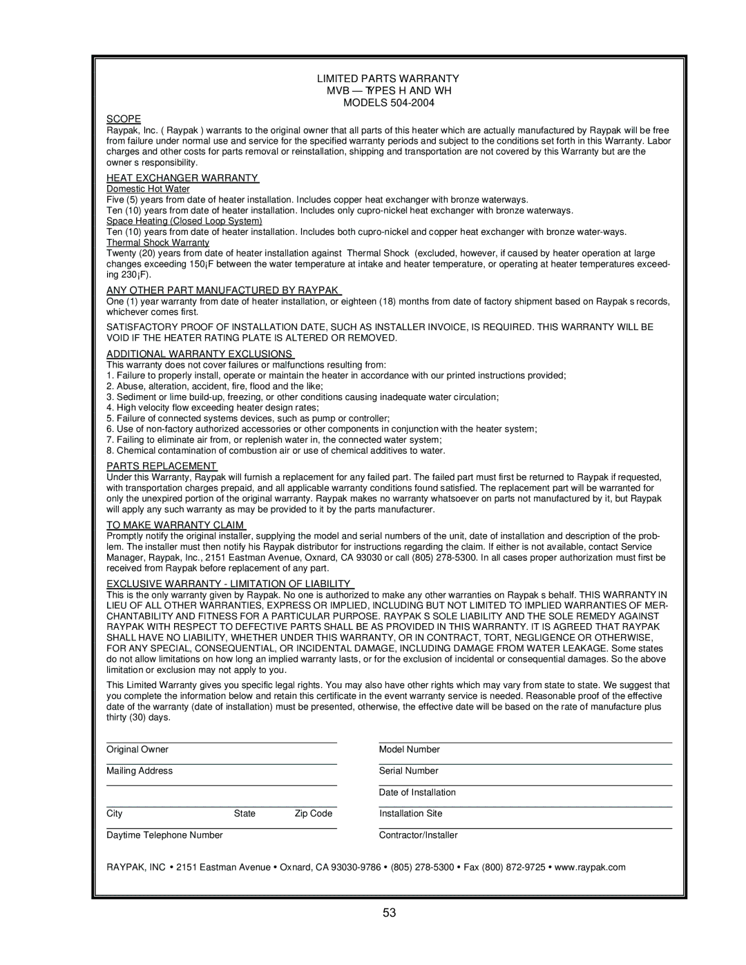 Raypak 5042004 operating instructions Limited Parts Warranty MVB Types H and WH 