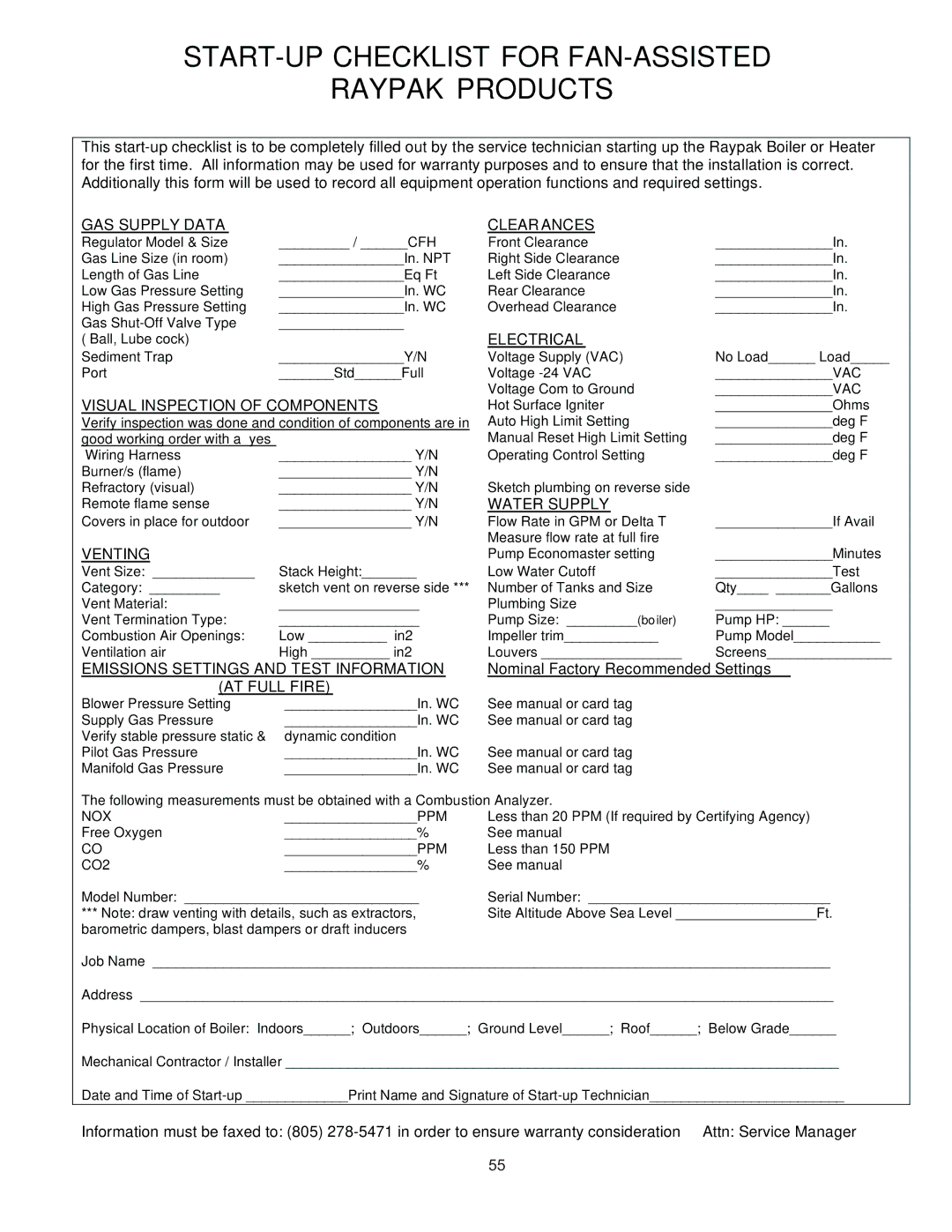 Raypak 5042004 START-UP Checklist for FAN-ASSISTED Raypak Products, Nominal Factory Recommended Settings 