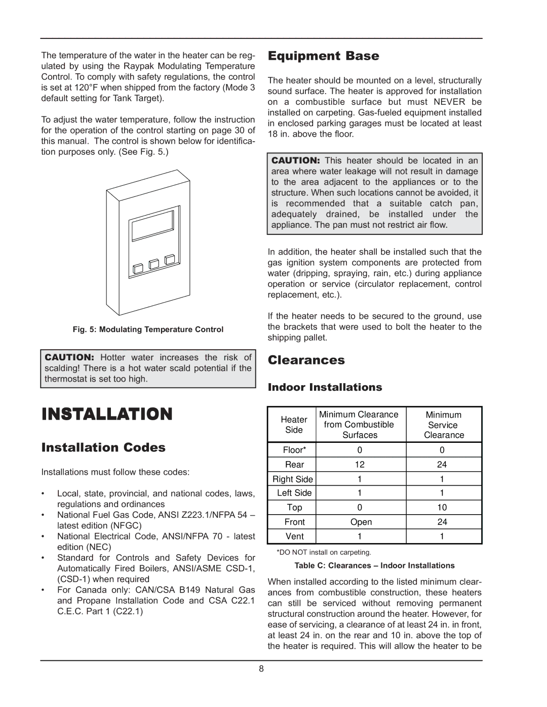 Raypak 5042004 operating instructions Installation Codes, Equipment Base, Clearances, Indoor Installations 