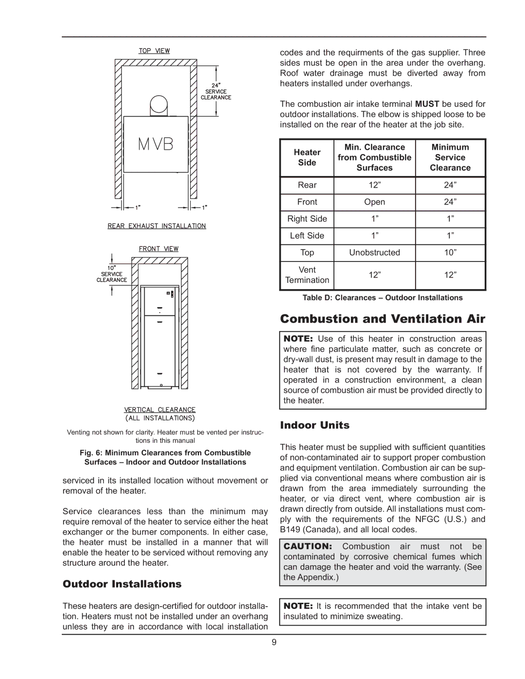 Raypak 5042004 operating instructions Combustion and Ventilation Air, Outdoor Installations, Indoor Units 