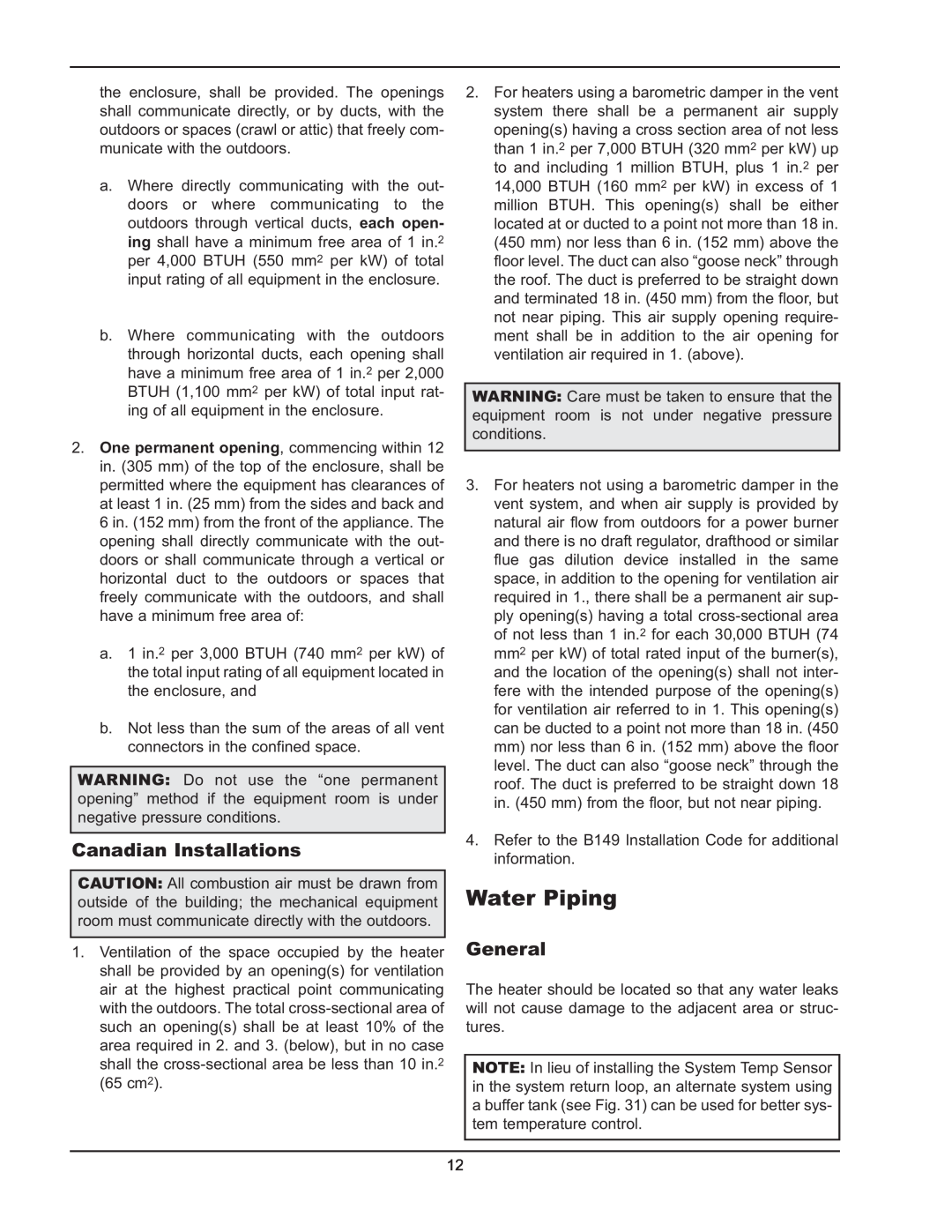 Raypak 5042004 operating instructions Water Piping, Canadian Installations, General 