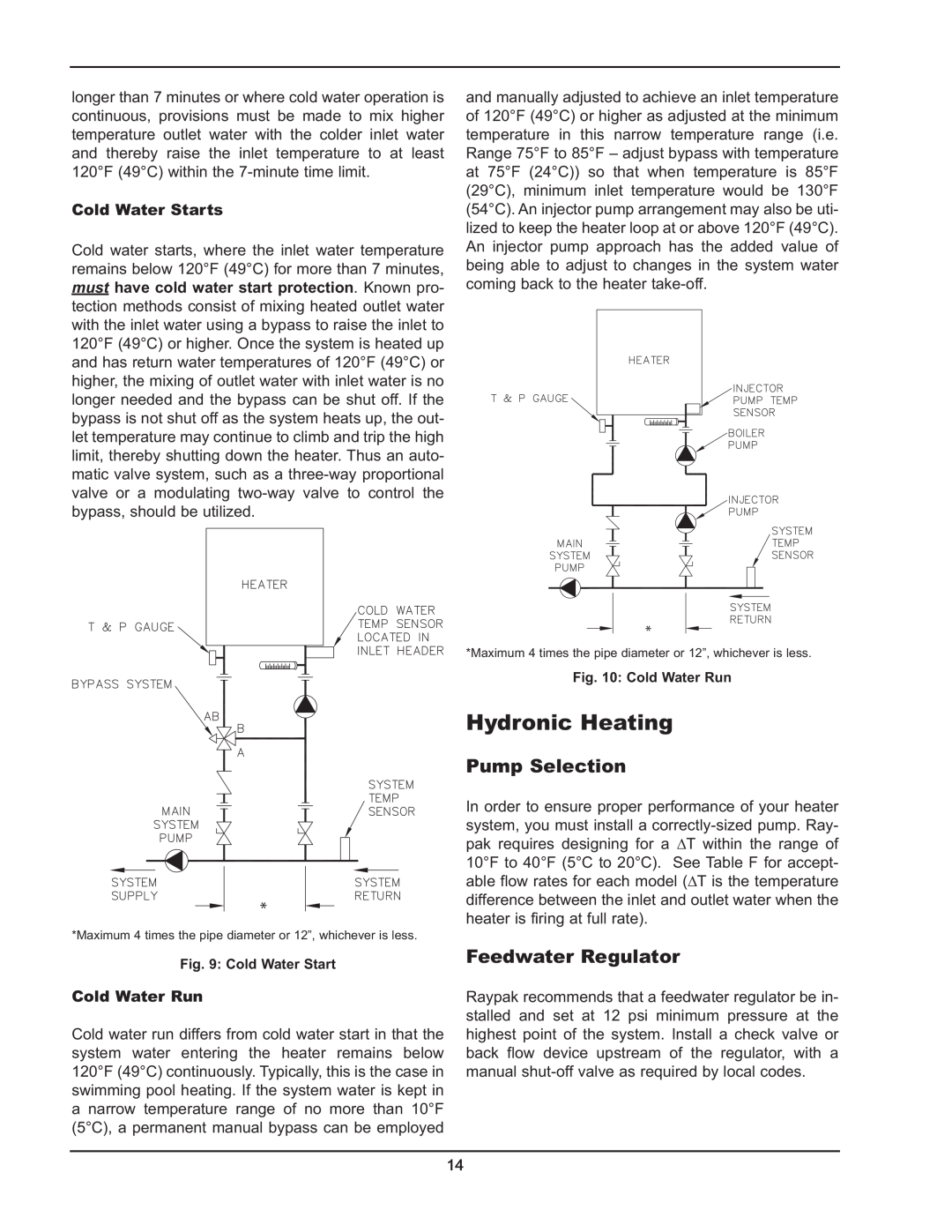 Raypak 5042004 Hydronic Heating, Pump Selection, Feedwater Regulator, Cold Water Starts, Cold Water Run 