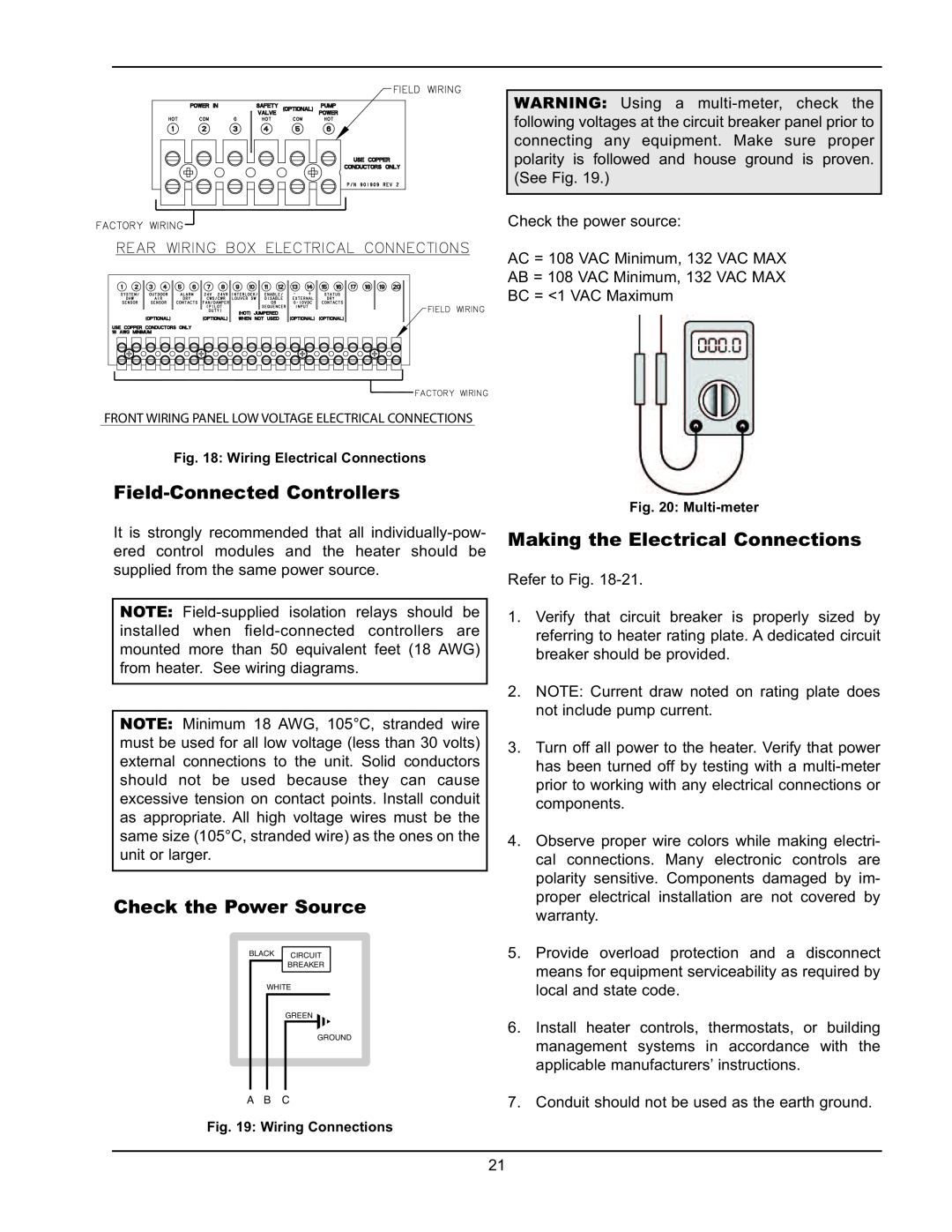 Raypak 5042004 operating instructions Field-ConnectedControllers, Check the Power Source, Making the Electrical Connections 