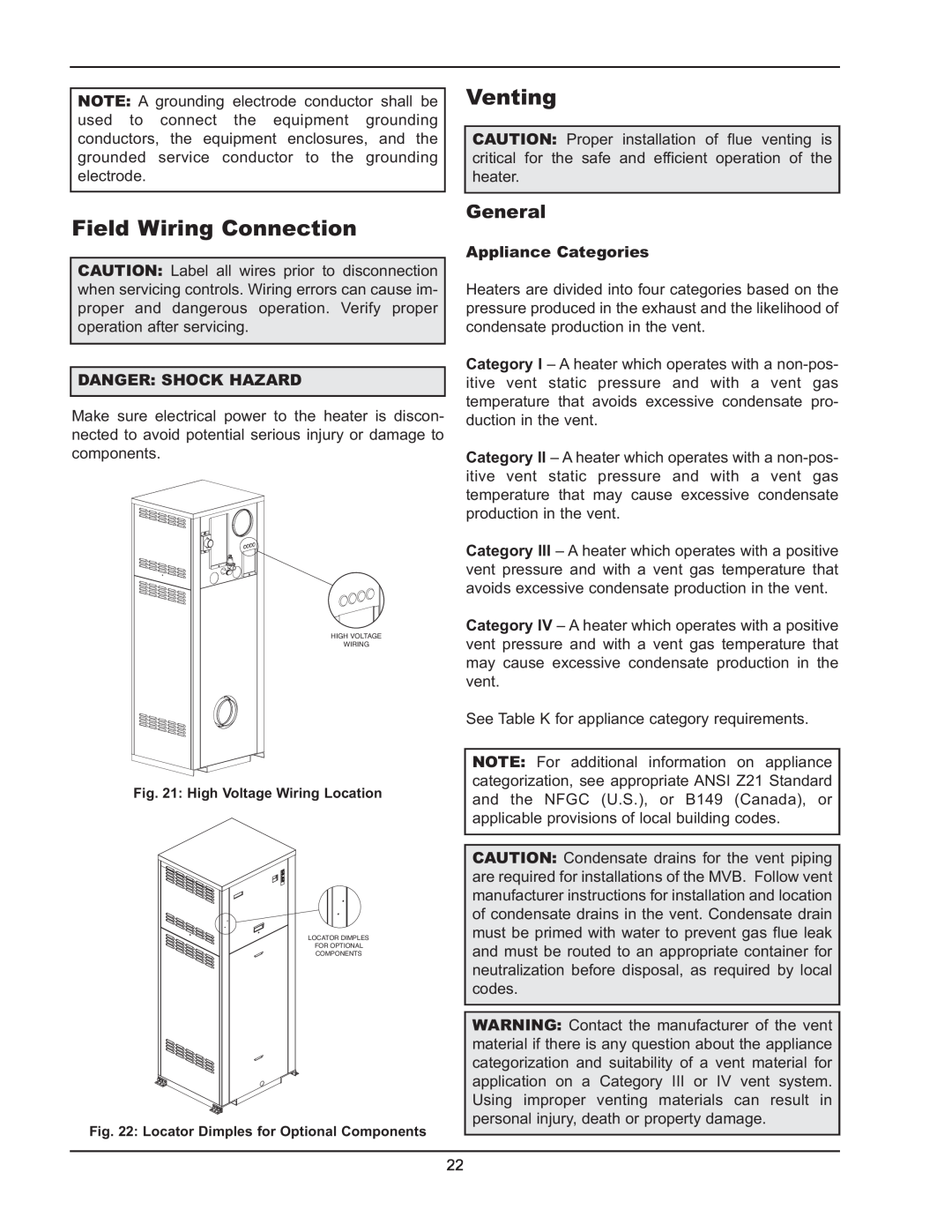 Raypak 5042004 operating instructions Field Wiring Connection, Venting, Danger: Shock Hazard, Appliance Categories 