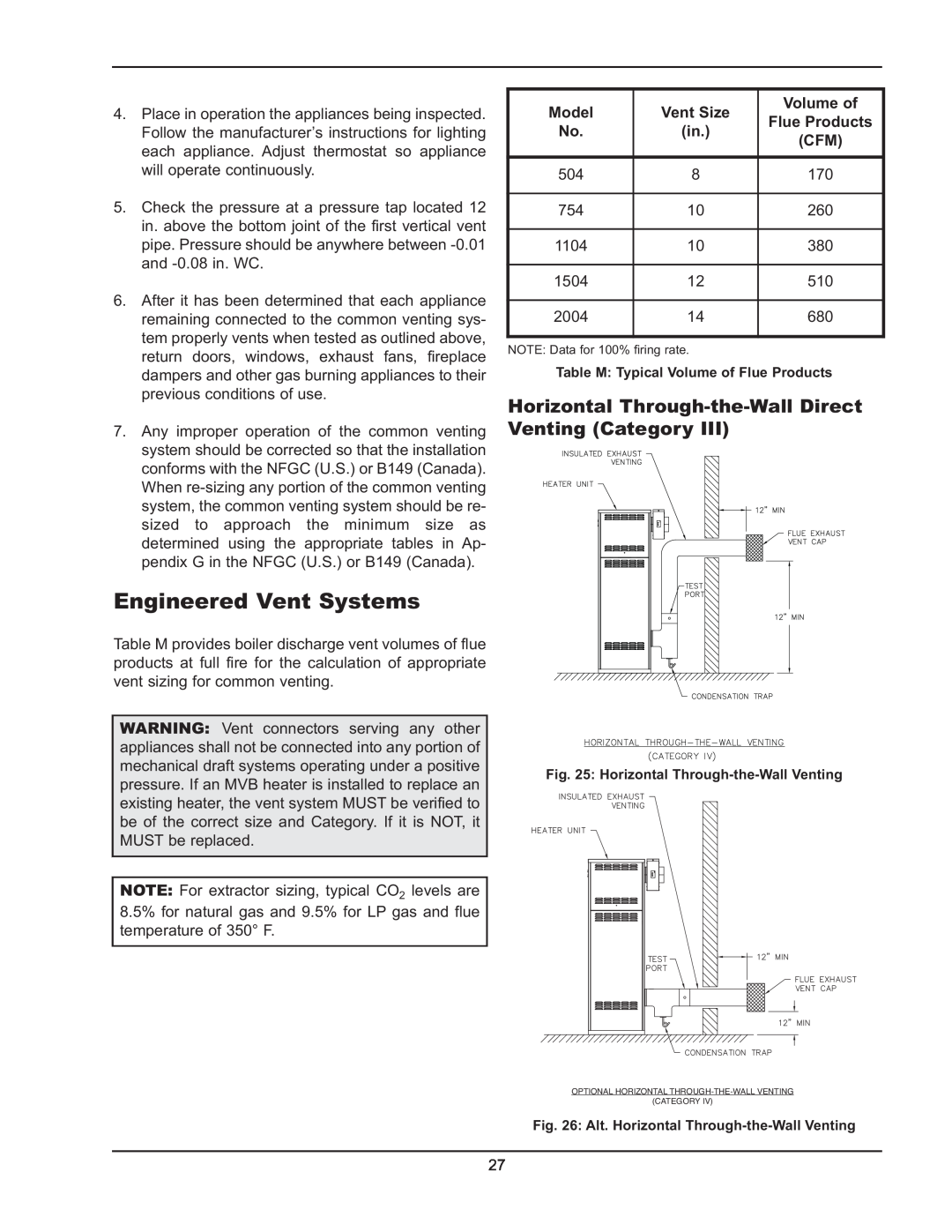 Raypak 5042004 operating instructions Engineered Vent Systems, Model, Vent Size, Volume of, Flue Products 