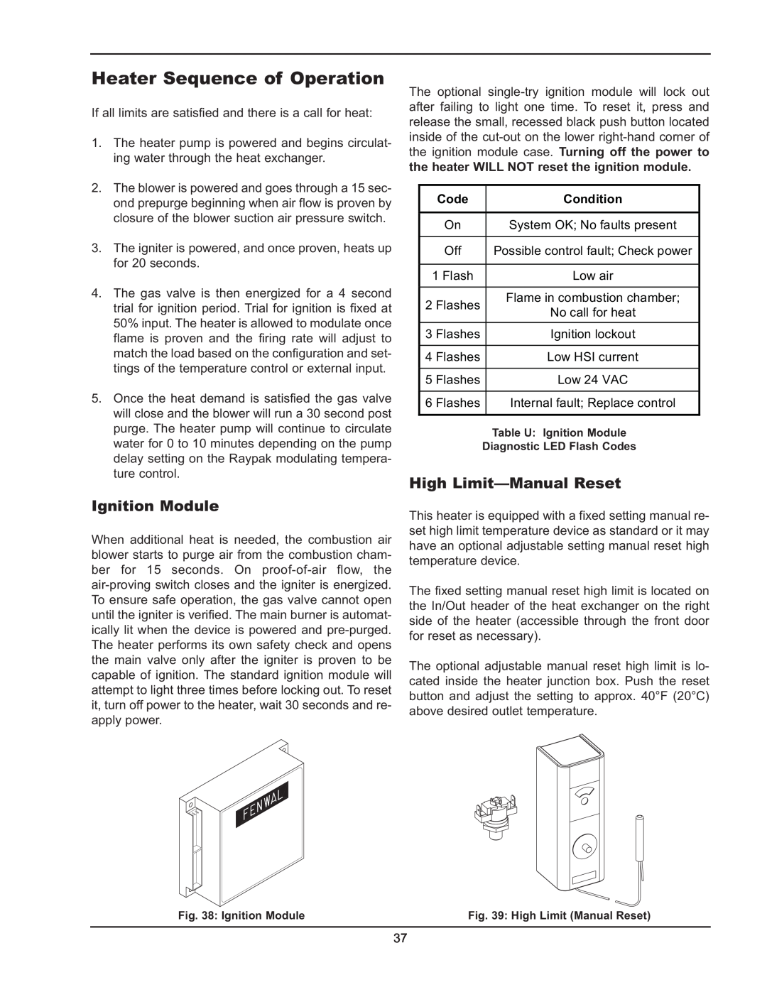 Raypak 5042004 Heater Sequence of Operation, Ignition Module, High Limit—ManualReset, Code, Condition 