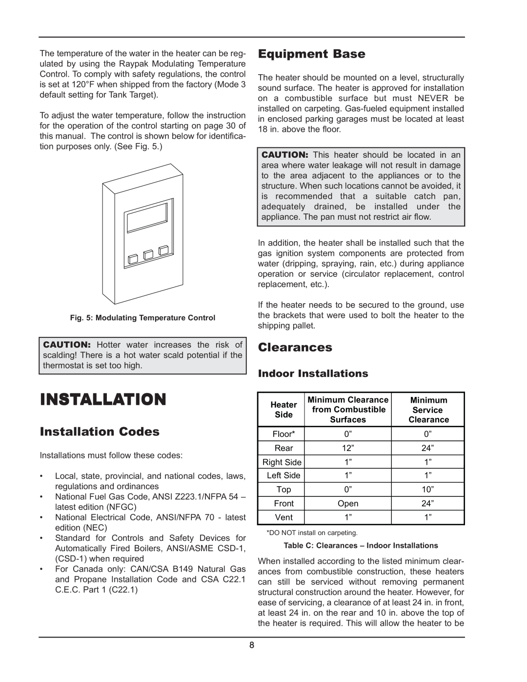 Raypak 5042004 Installation Codes, Equipment Base, Clearances, Heater, Minimum Clearance, from Combustible, Side 