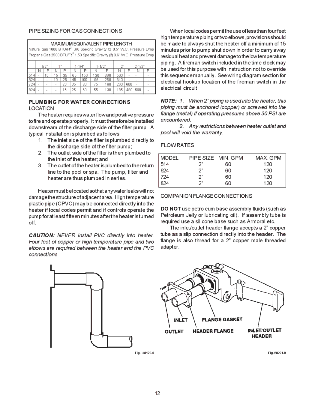 Raypak 514-824 manual Pipe Sizing for GAS Connections, Plumbing for Water Connections Location, Companionflangeconnections 