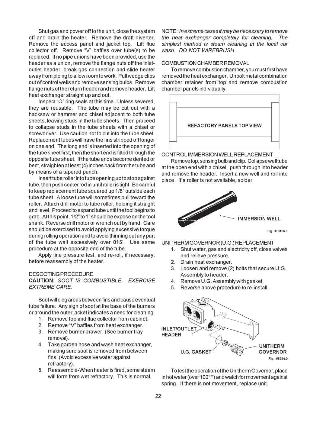 Raypak 514-824 manual Desootingprocedure, Combustionchamberremoval, Unithermgovernoru.G.Replacement 