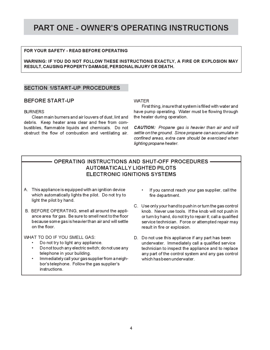 Raypak 514-824 manual START-UP Procedures Before START-UP, For Your Safety Read Before Operating, Burners, Water 