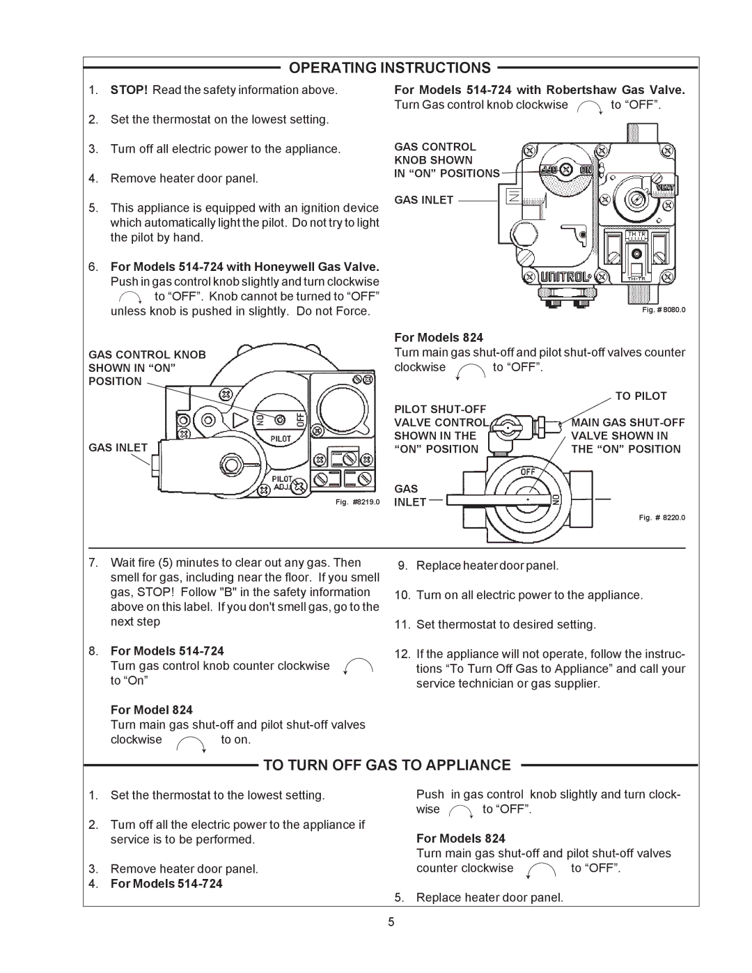 Raypak 514-824 manual Operating Instructions, To Turn OFF GAS to Appliance 