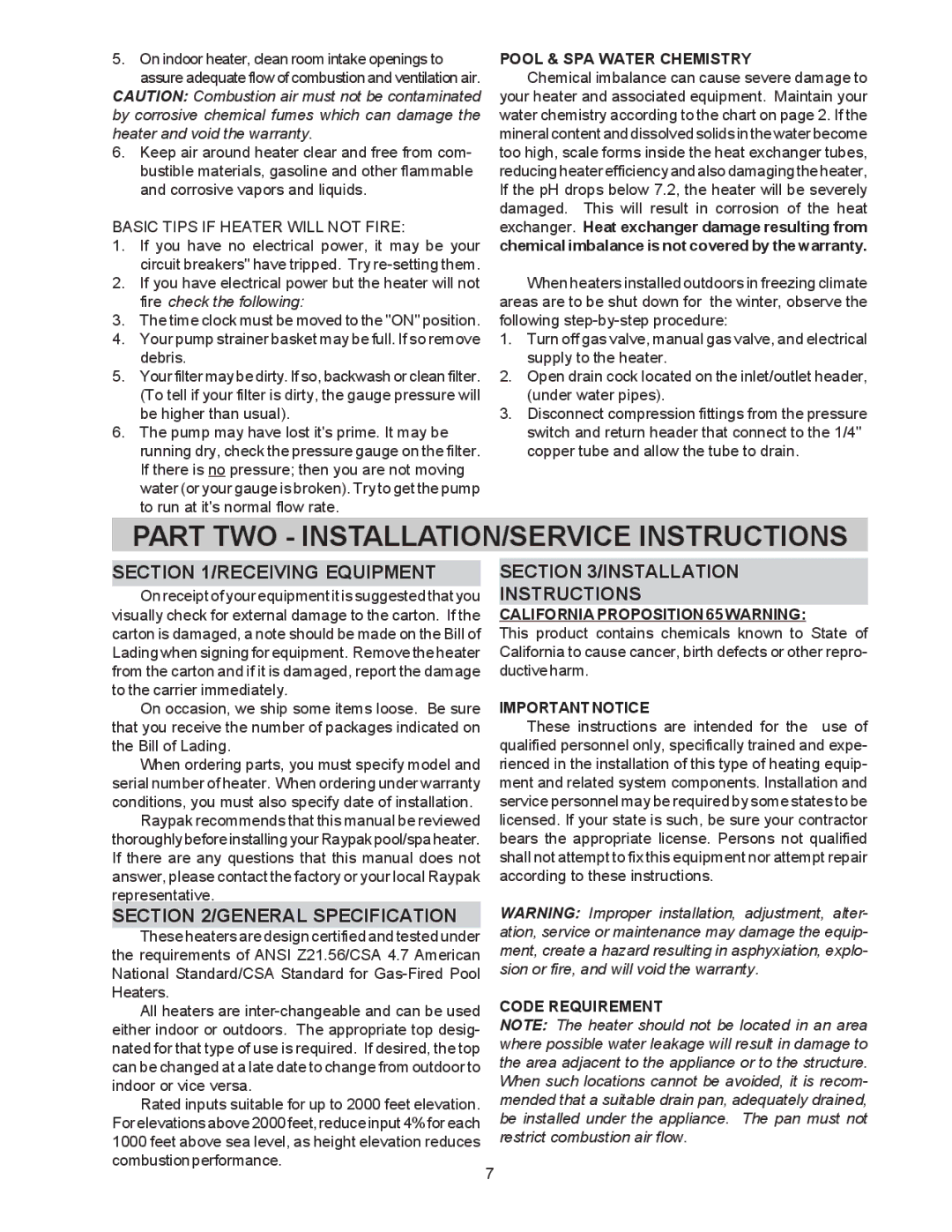 Raypak 514-824 manual Basic Tips if Heater will not Fire, Pool & SPA Water Chemistry, California Proposition 65 Warning 