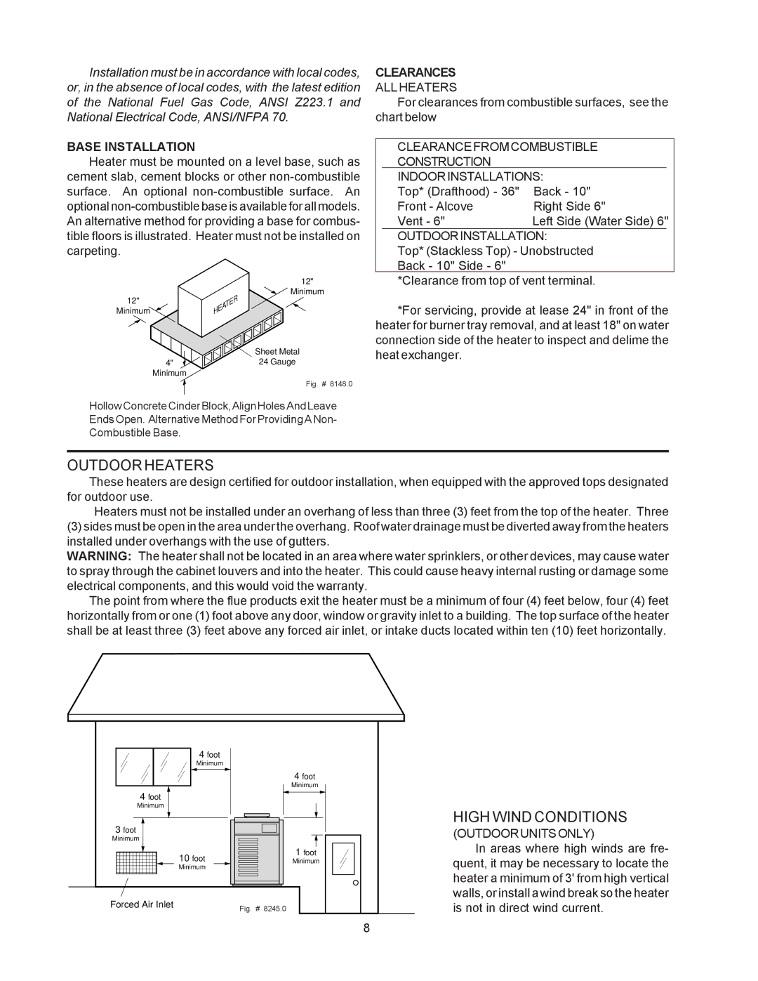 Raypak 514-824 manual Base Installation, Clearances 