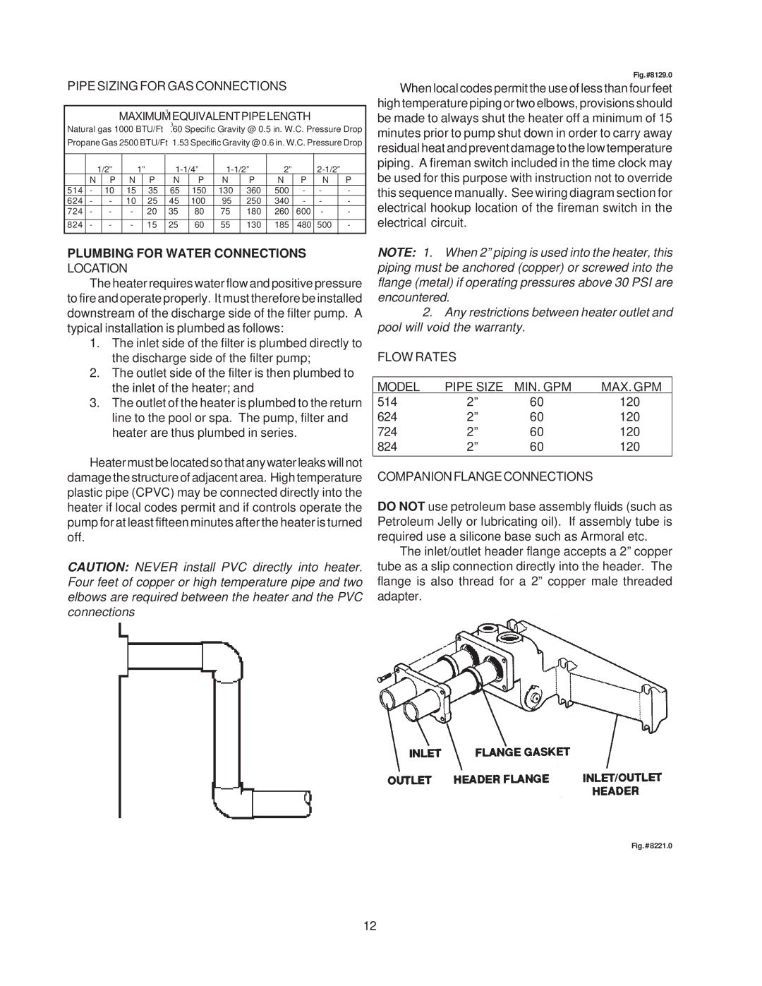 Raypak 514-824 manual Pipe Sizing for GAS Connections, Plumbing for Water Connections Location, Companionflangeconnections 