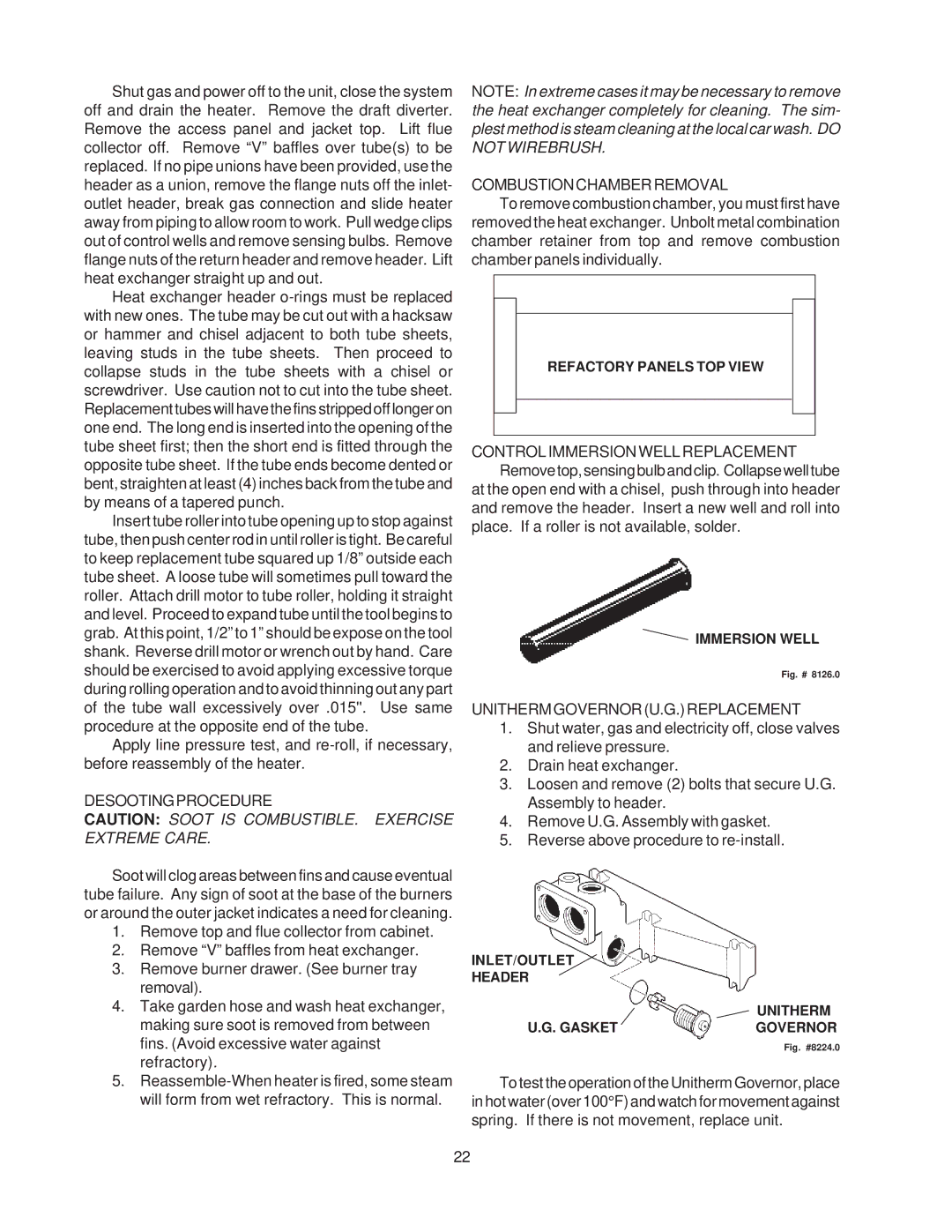 Raypak 514-824 manual Desootingprocedure, Combustionchamberremoval, Unithermgovernoru.G.Replacement 