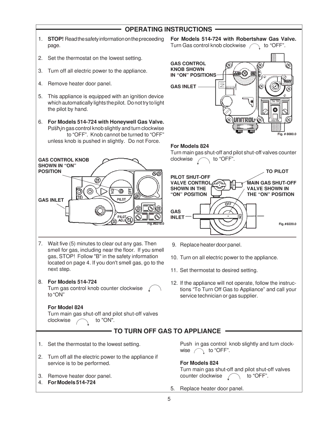 Raypak 514-824 manual Operating Instructions, To Turn OFF GAS to Appliance 