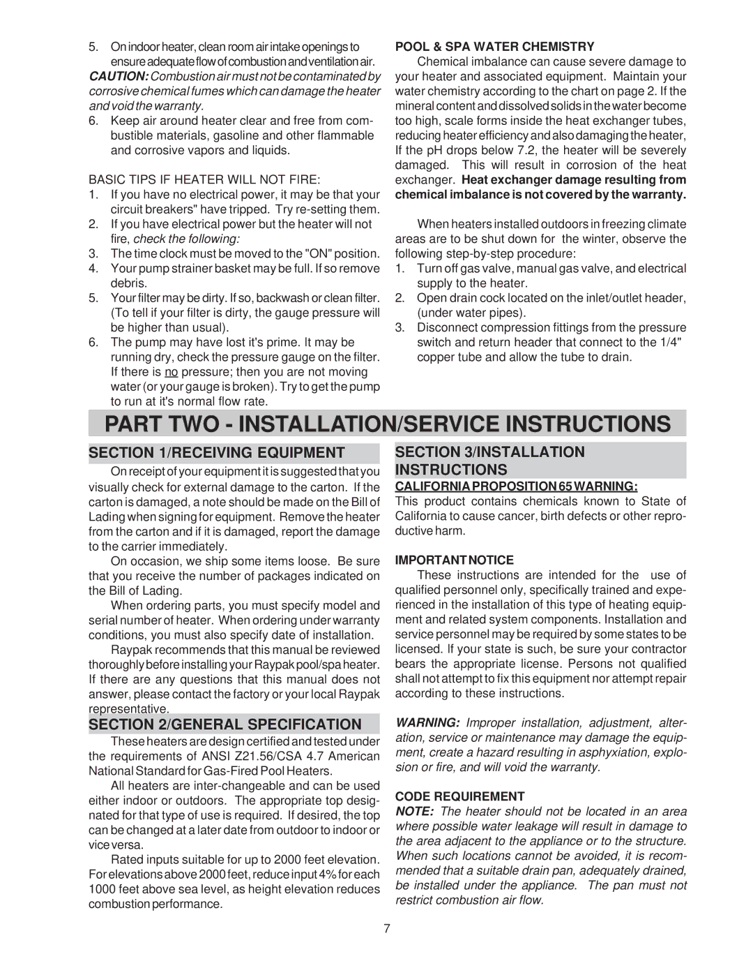 Raypak 514-824 manual Basic Tips if Heater will not Fire, Pool & SPA Water Chemistry, California Proposition 65 Warning 