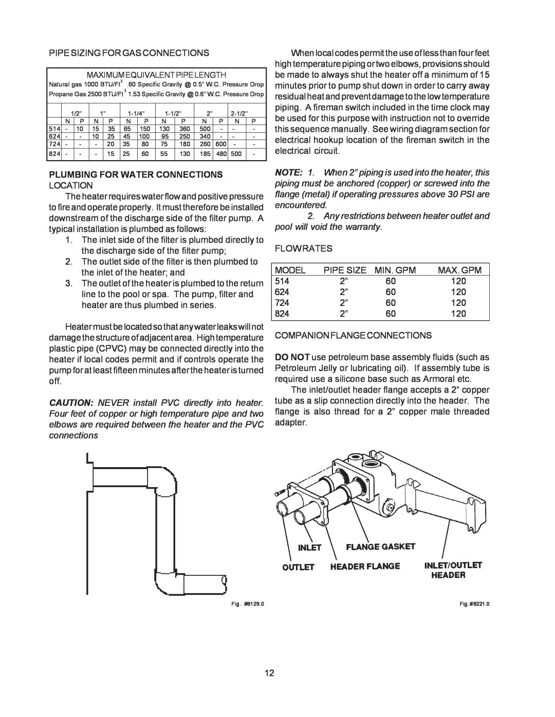 Raypak 514-824 manual Plumbing For Water Connections Location 