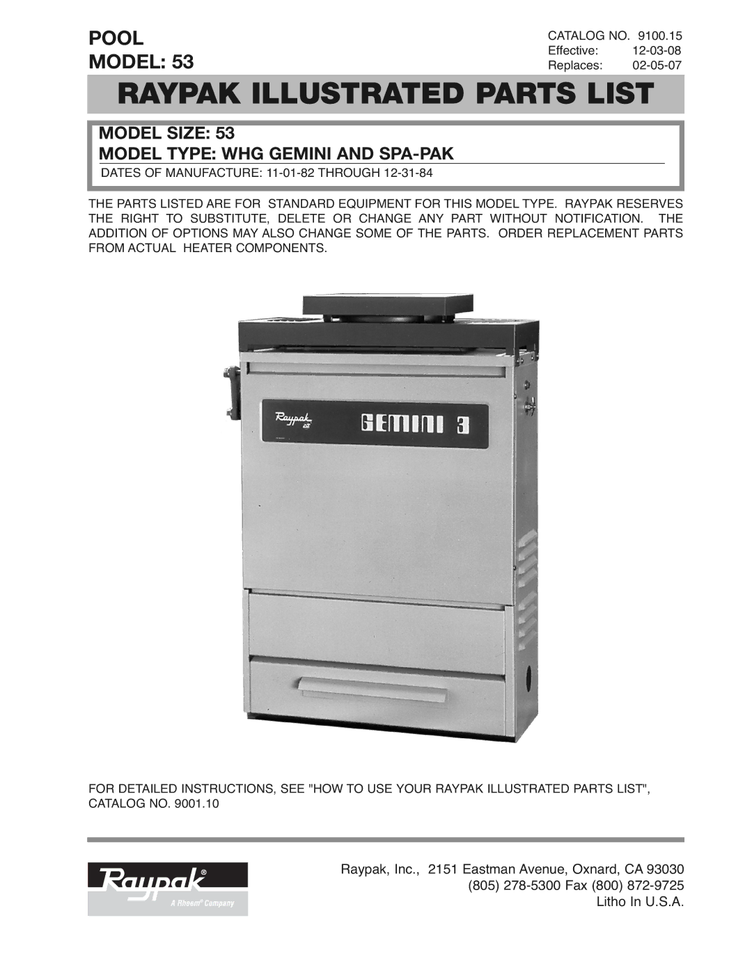 Raypak 53 manual Raypak Illustrated Parts List 