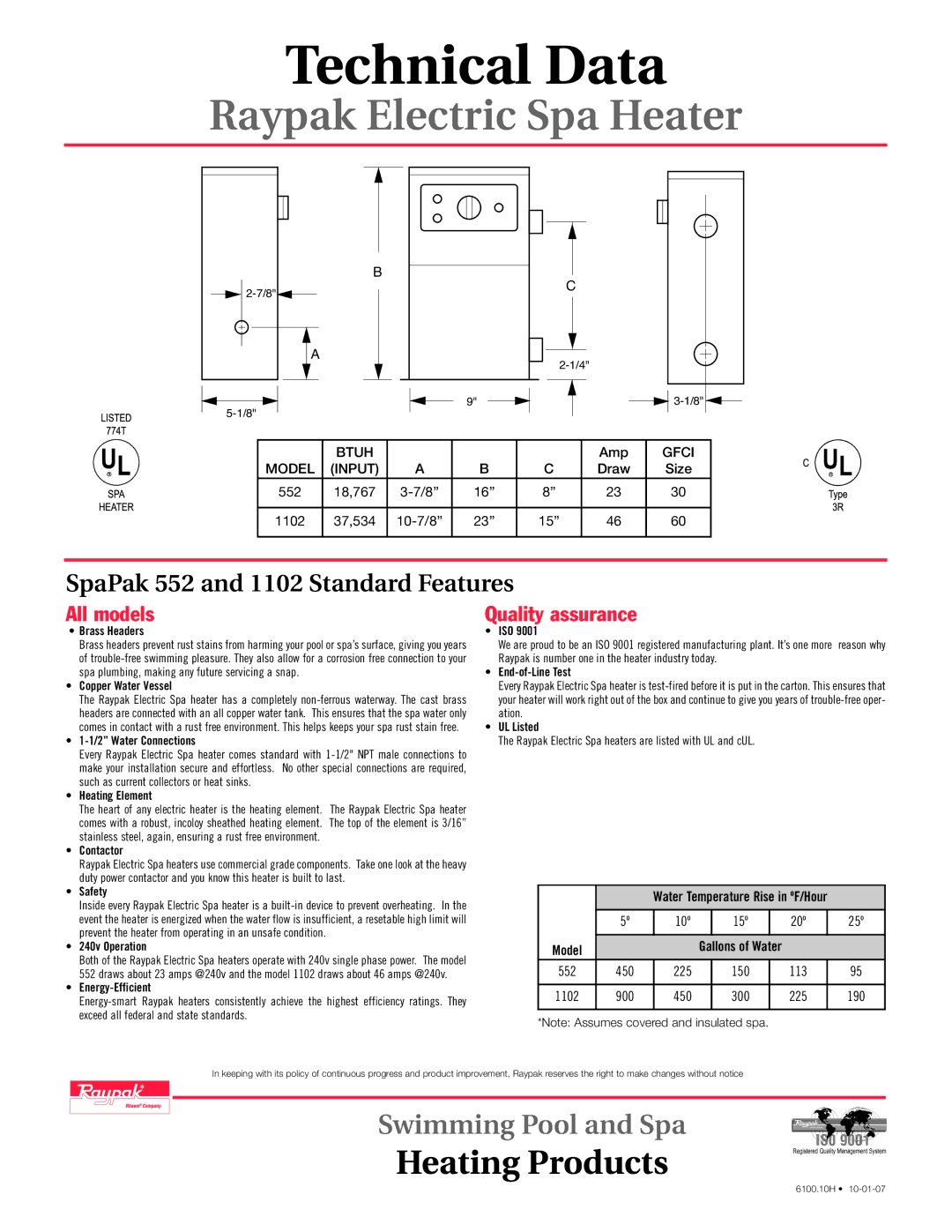 Raypak 552 & 1102 manual All models, Quality assurance 