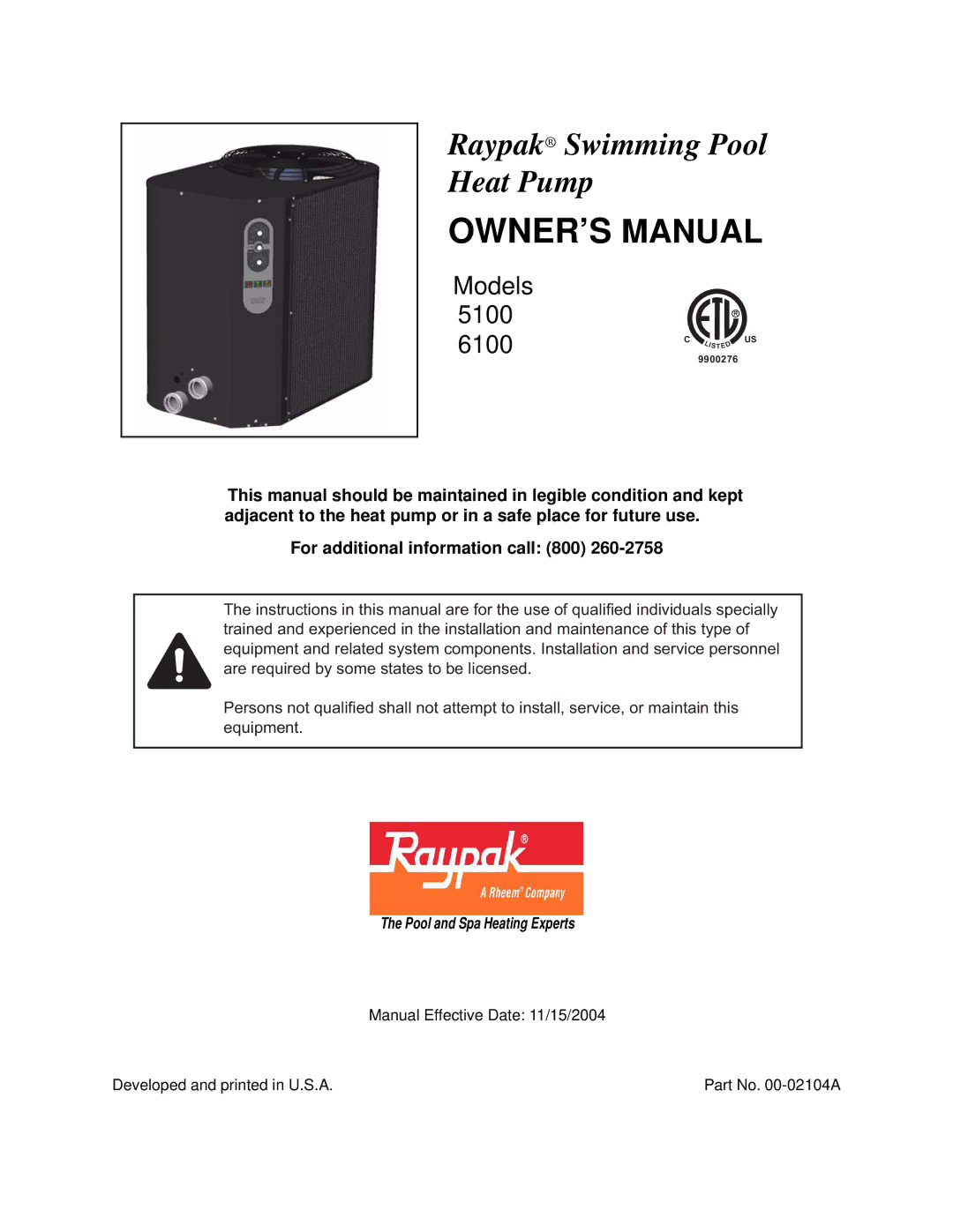 Raypak 5100, 6100 owner manual Raypak Swimming Pool Heat Pump 