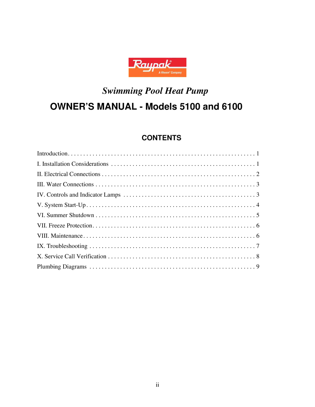 Raypak 5100, 6100 owner manual Swimming Pool Heat Pump 