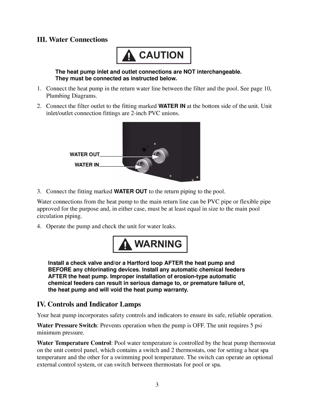 Raypak 6100, 5100 owner manual III. Water Connections, IV. Controls and Indicator Lamps 