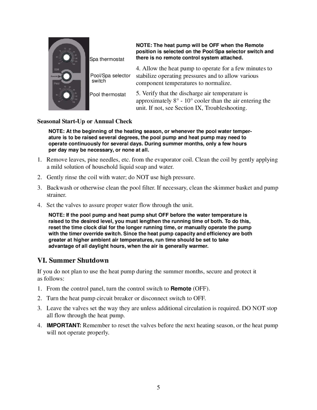 Raypak 6100, 5100 owner manual VI. Summer Shutdown, Seasonal Start-Up or Annual Check 