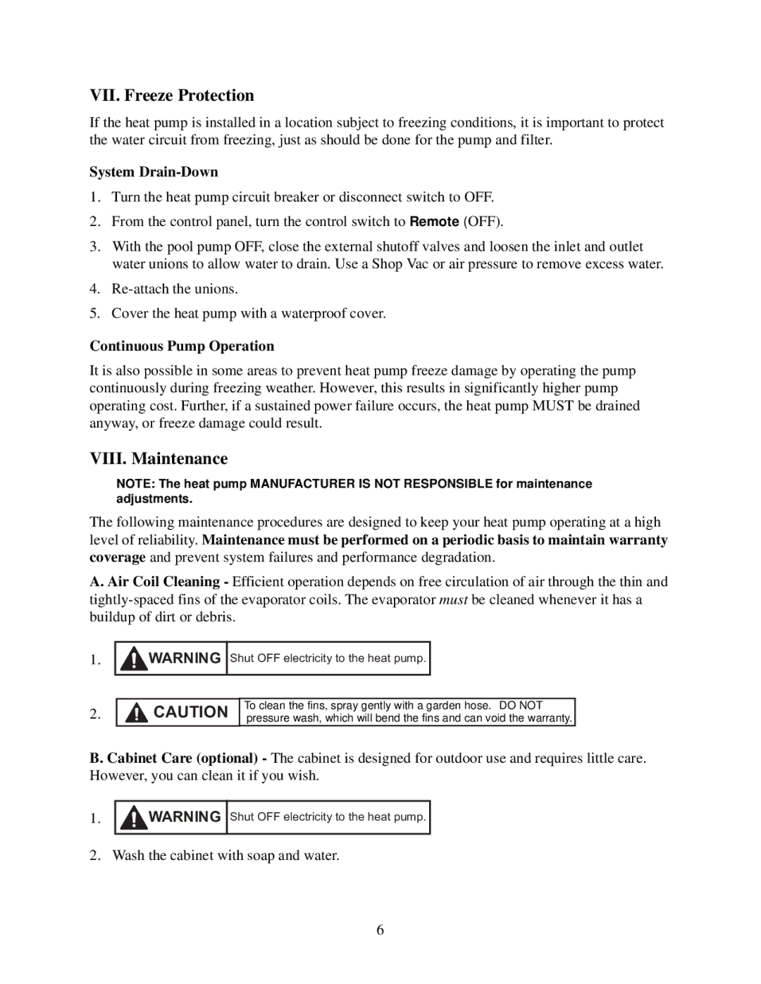 Raypak 5100, 6100 owner manual VII. Freeze Protection, VIII. Maintenance 