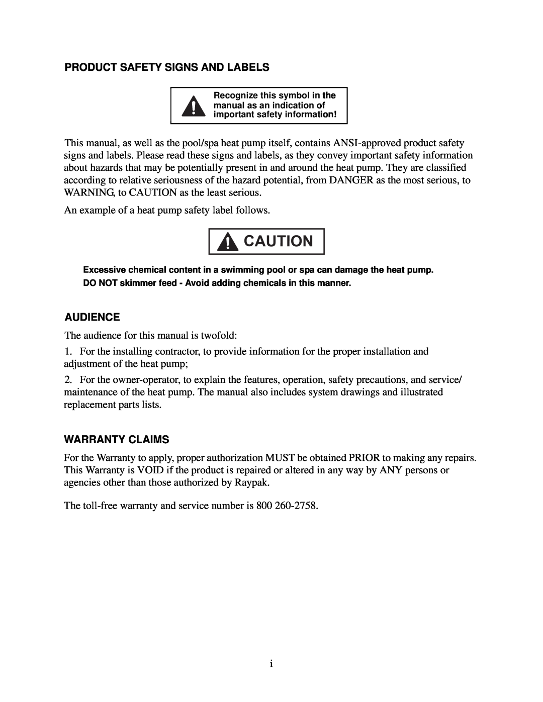 Raypak 6100, 5100 owner manual Product Safety Signs And Labels, Audience, Warranty Claims 