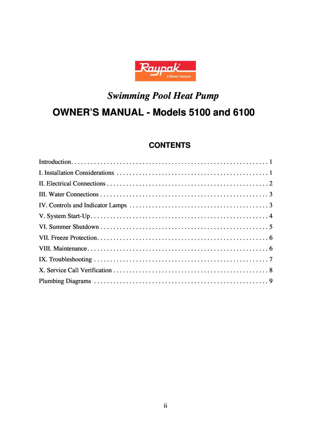 Raypak 5100, 6100 owner manual Swimming Pool Heat Pump, Contents 