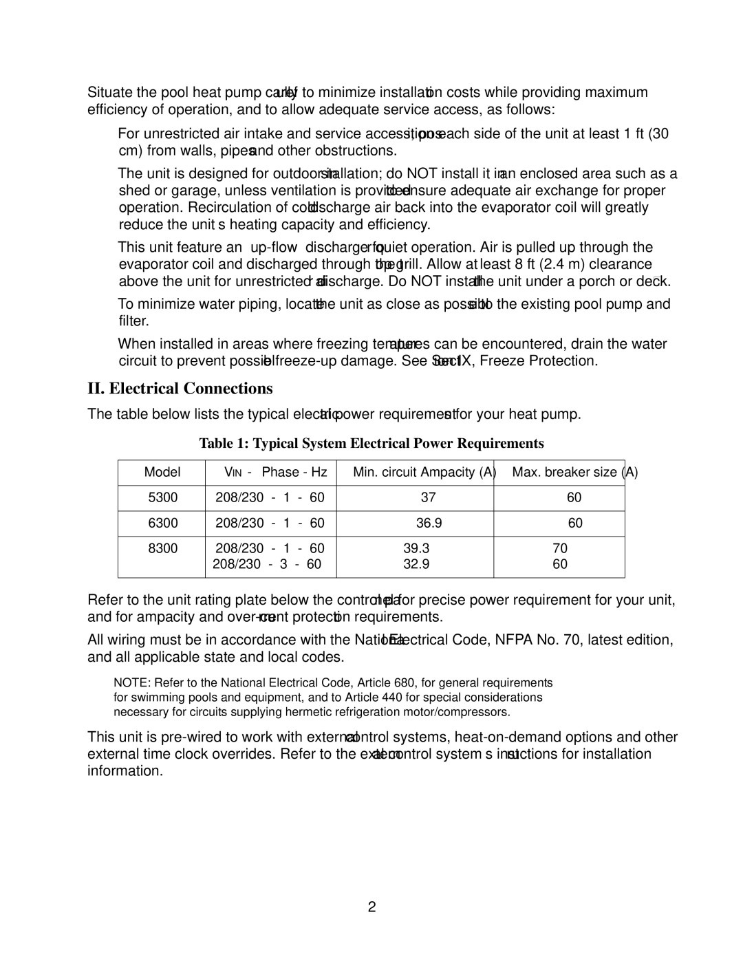 Raypak 5300, 6300, 8300 owner manual II. Electrical Connections, Typical System Electrical Power Requirements 