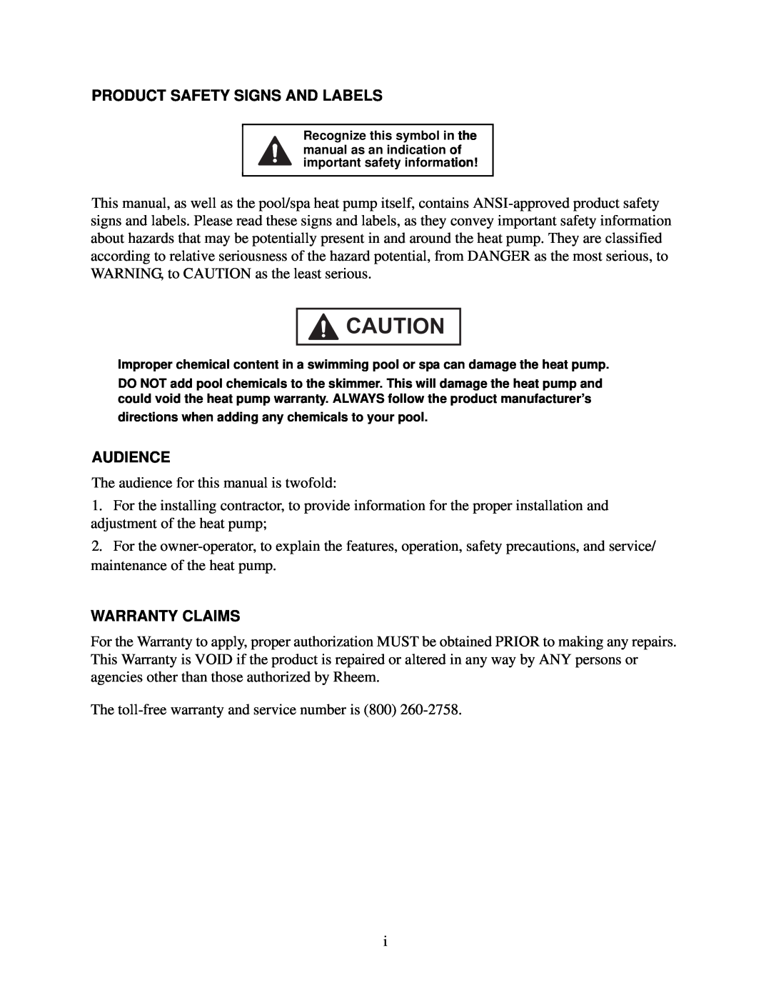Raypak 5300, 6300, 8300 owner manual Product Safety Signs And Labels, Audience, Warranty Claims 