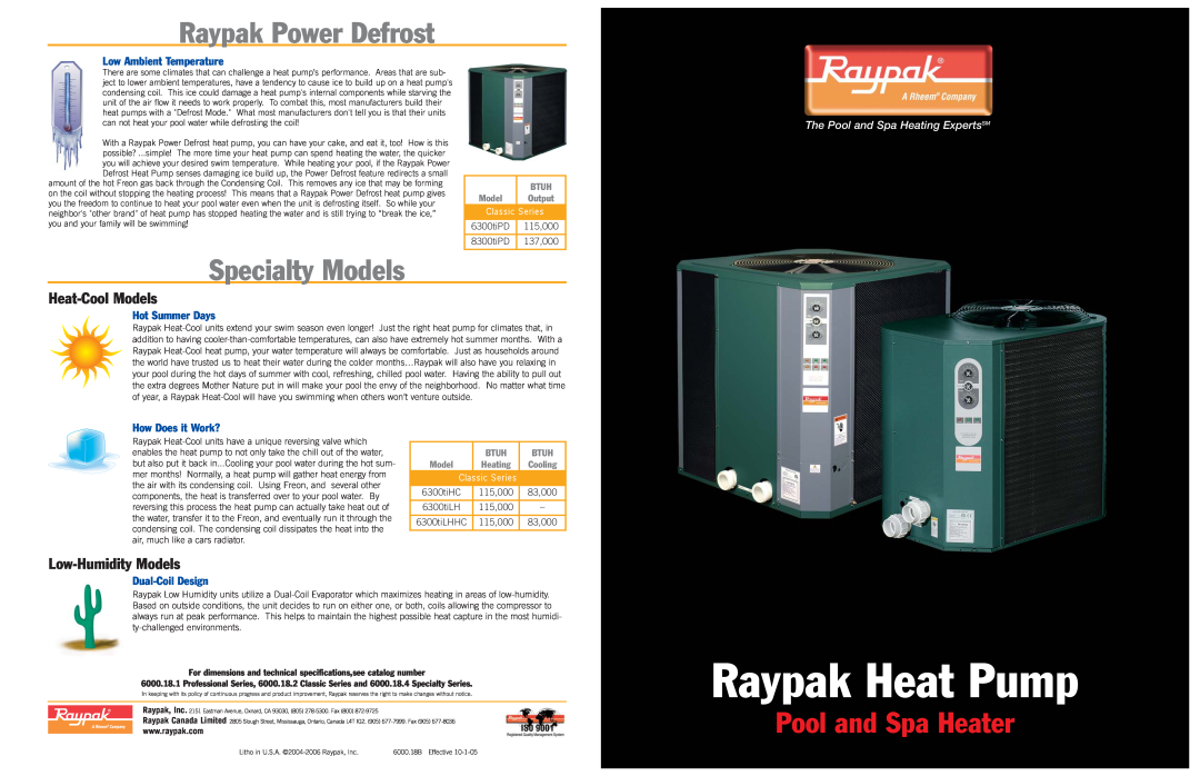 Raypak 8300tiPD dimensions Raypak Heat Pump, Raypak Power Defrost, Specialty Models, Pool and Spa Heater, Heat-CoolModels 