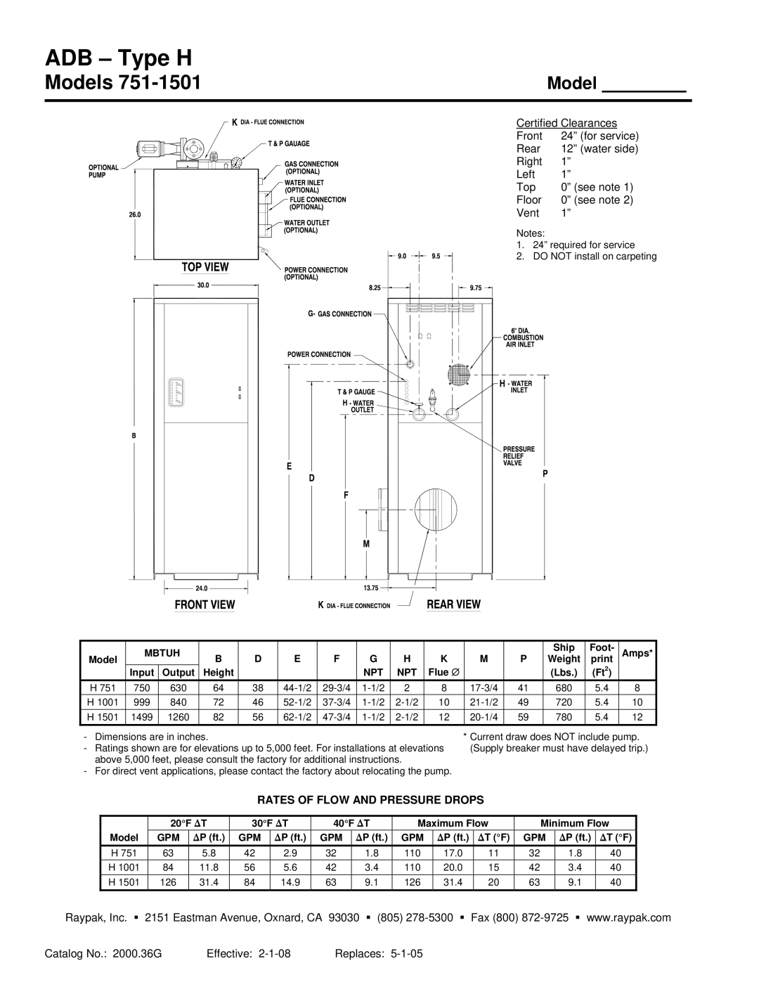 Raypak 751-1501 warranty ADB Type H 